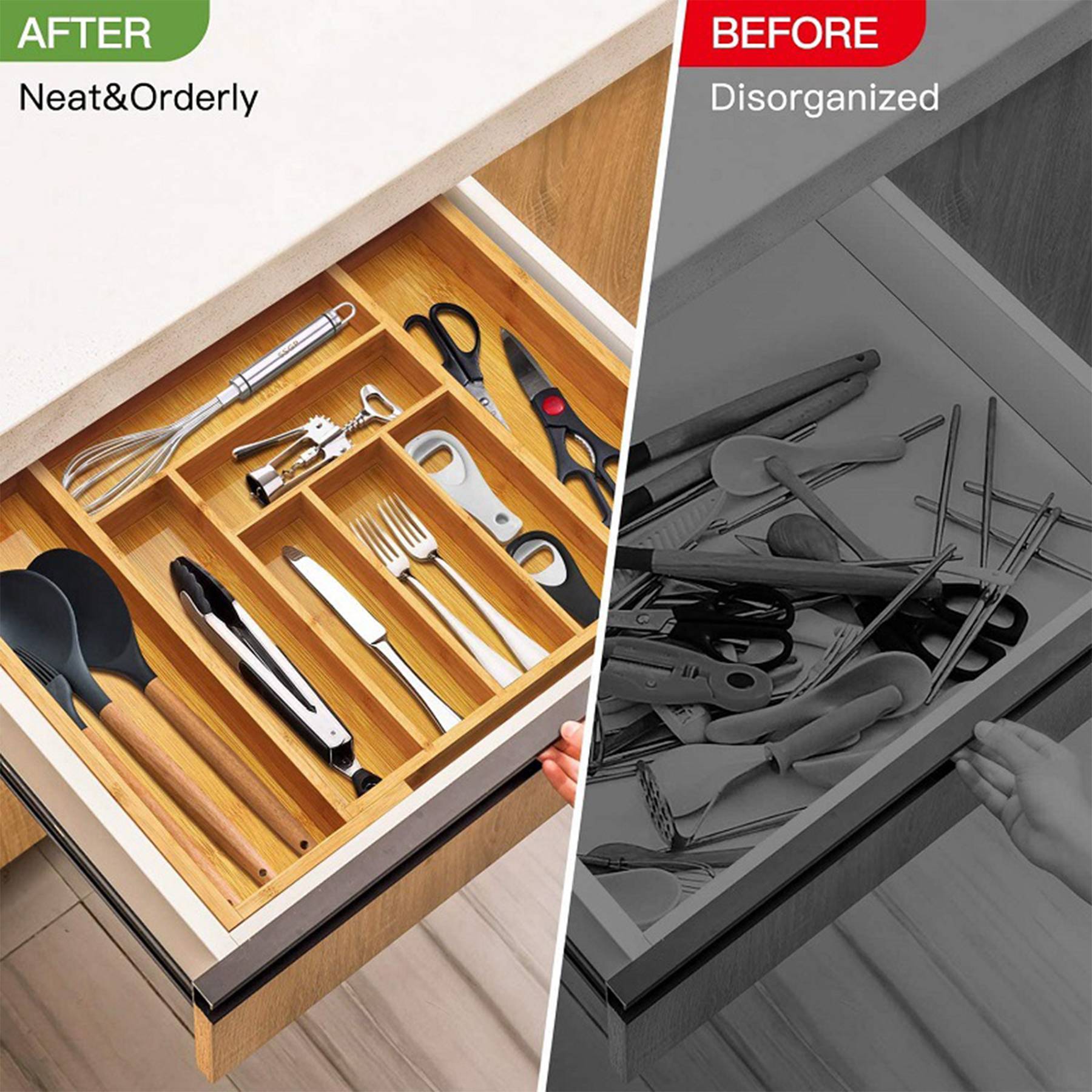 Bamboo Expandable Utensil Tray Organizer 2