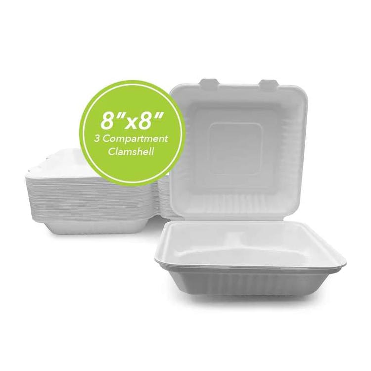 Three Leaf 8"x8" 3 Compartment Bagasse Clamshell 50 Pack 1
