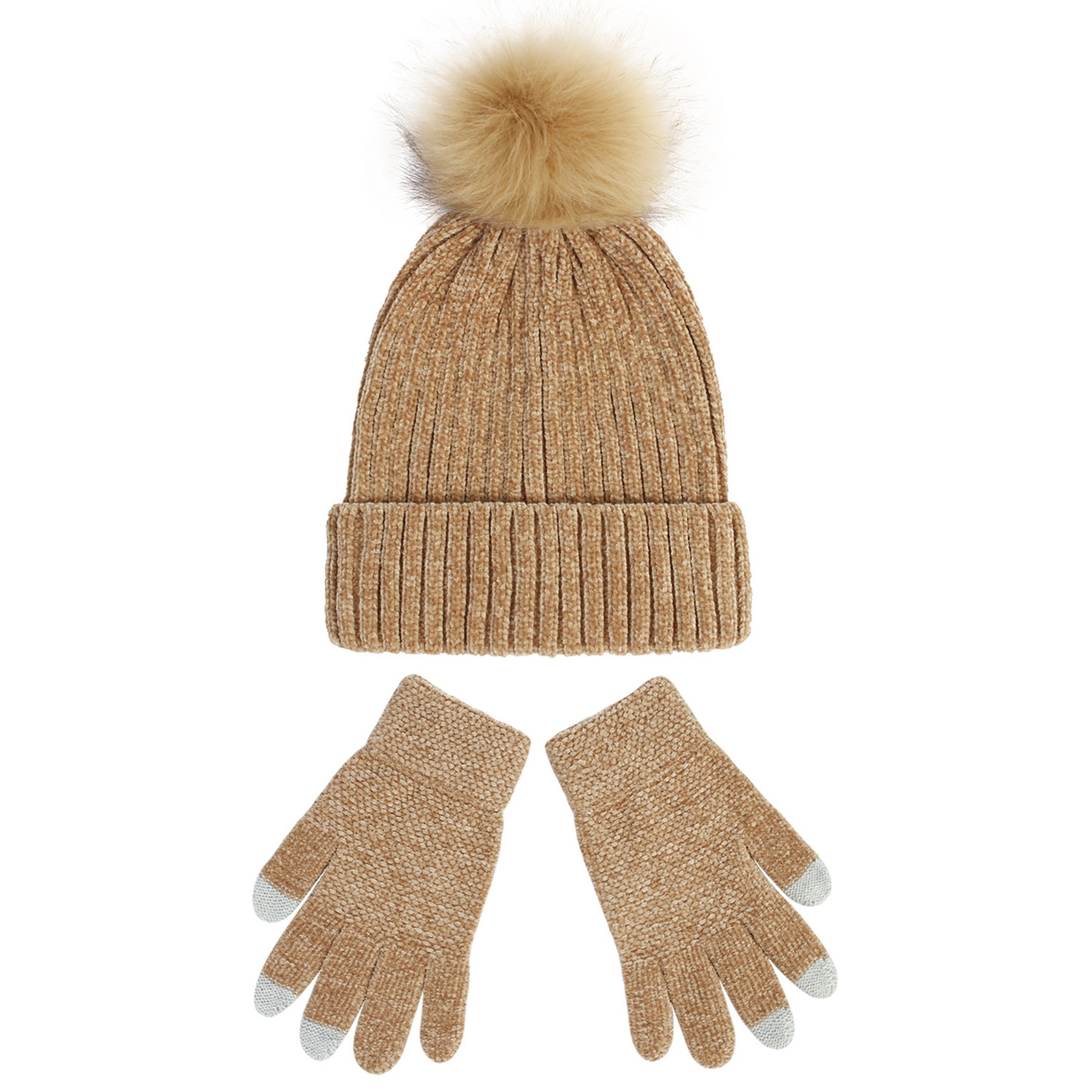 2PCS Chenille Pom Pom Beanie Gloves Set 3