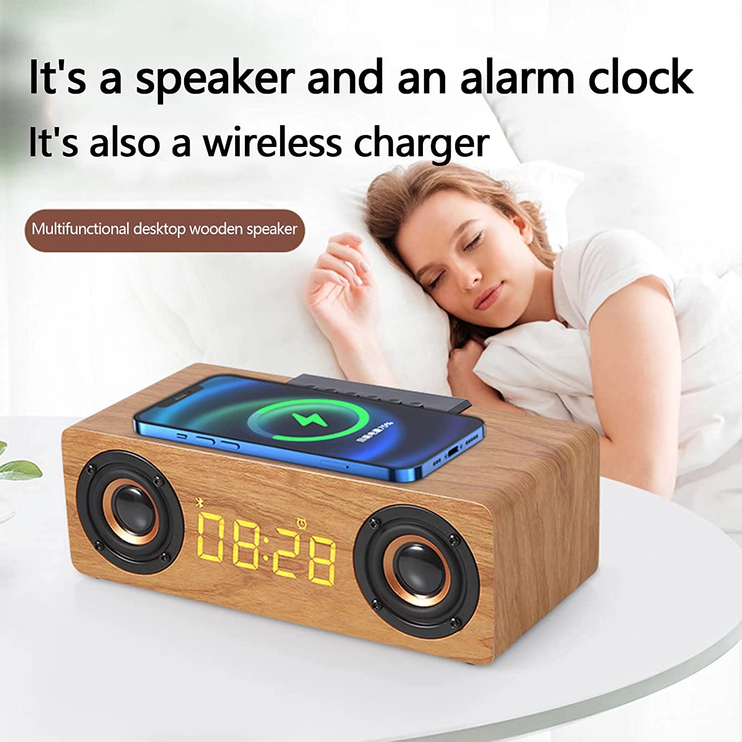 Alarm Clock With Wireless Fast Charger Retro Speaker 6