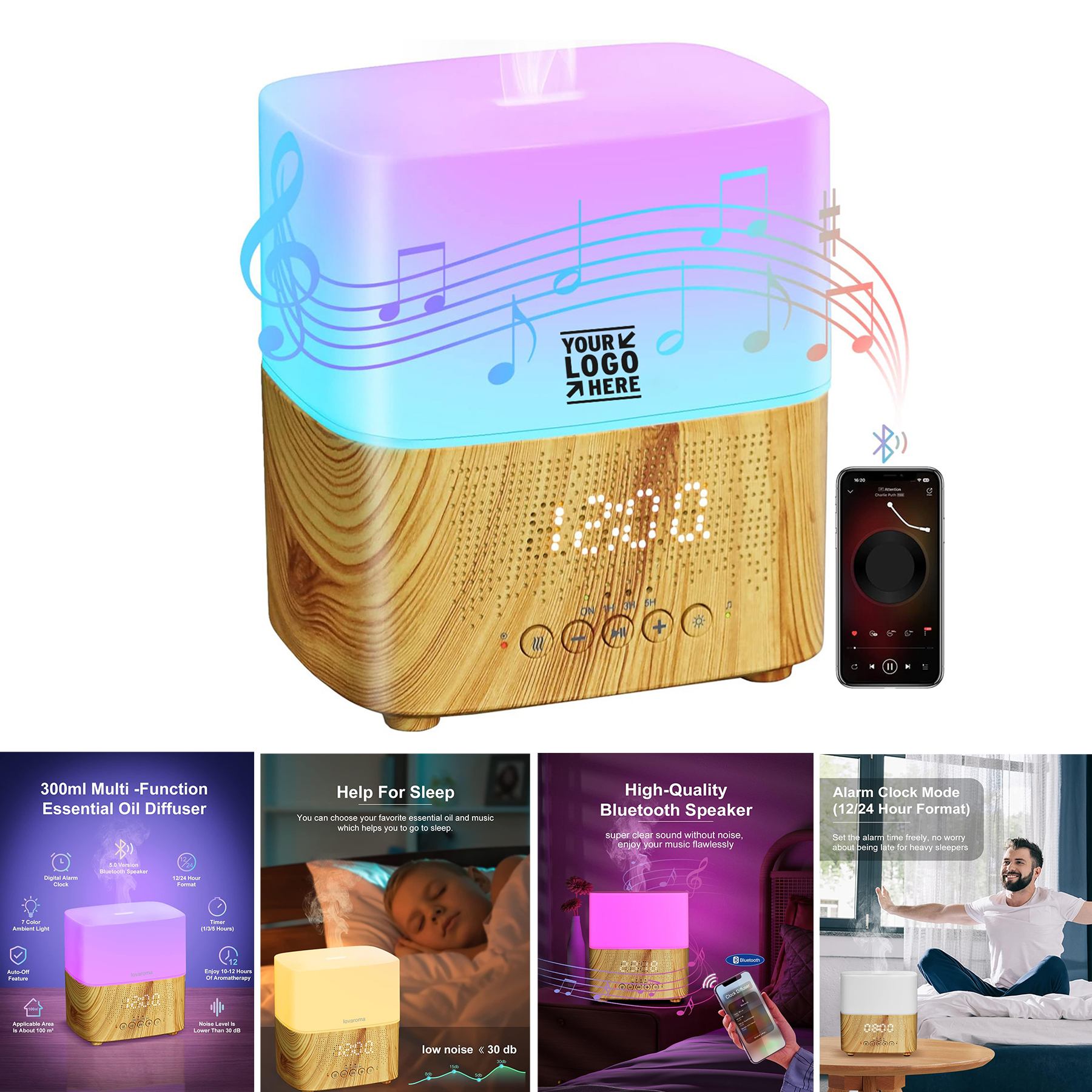 Bluetooth Speaker Digital Alarm Clock 7 Color Lights Room Office 300ML Essential Oil Diffuser   