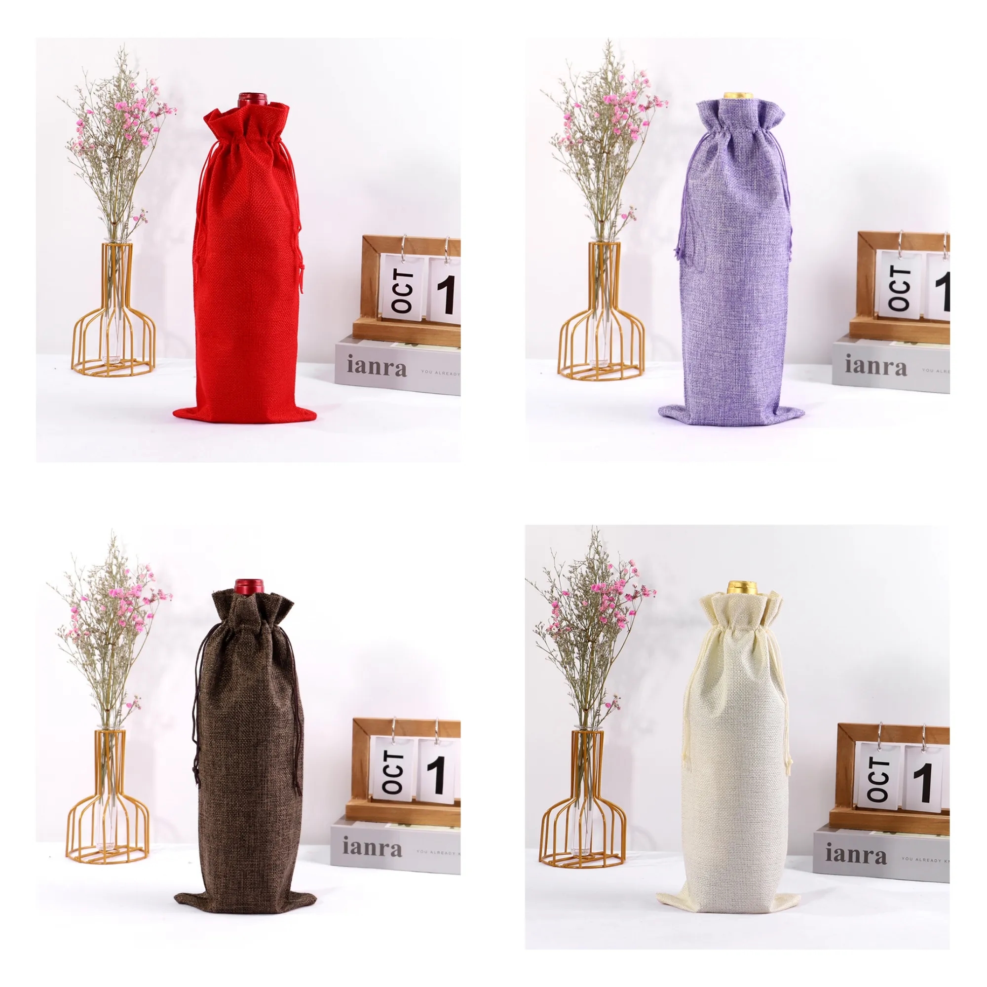 Full Color Drawstring Linen Wine Bottle Bag 4