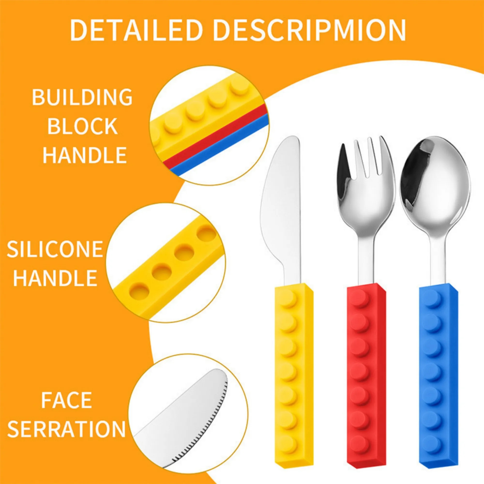 3 Piece Building Blocks Silicone Handle Kids' Tableware Set 7