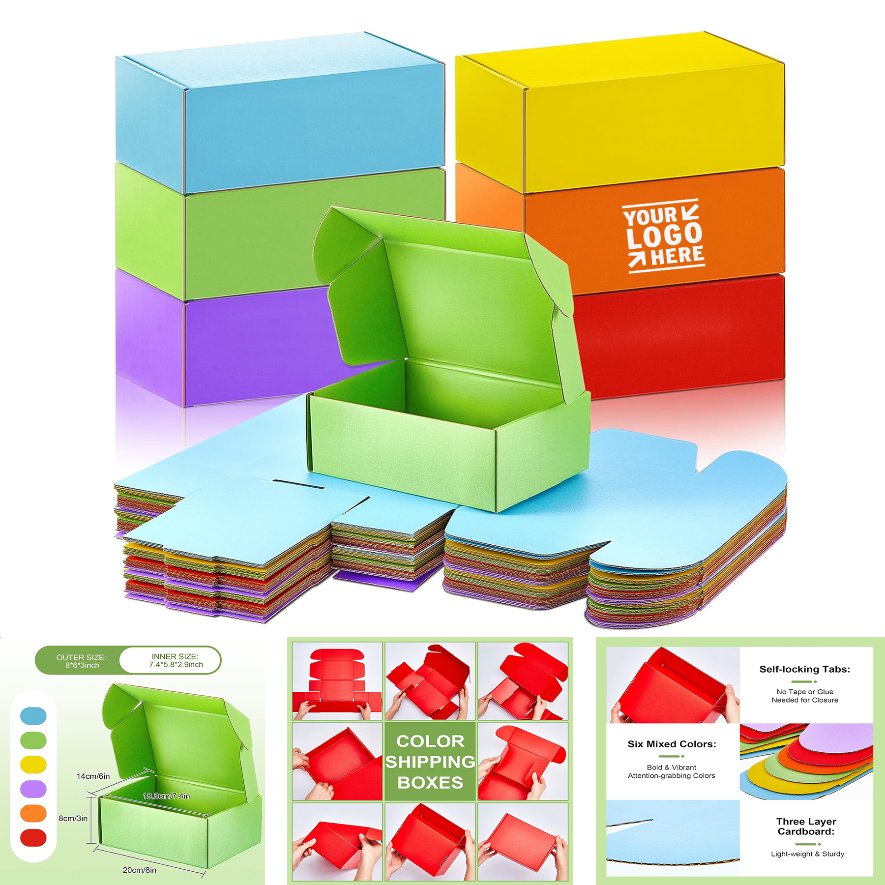 8 x 6 x 3 Inch 6 Colors Small Business Packaging Corrugated Cardboard Shipping Gift Box with Lid