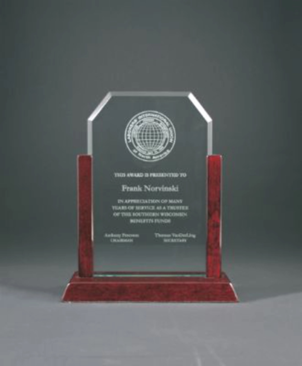 8" Jade Clip Corner Glass Award w/Rosewood Piano Finish Base 2