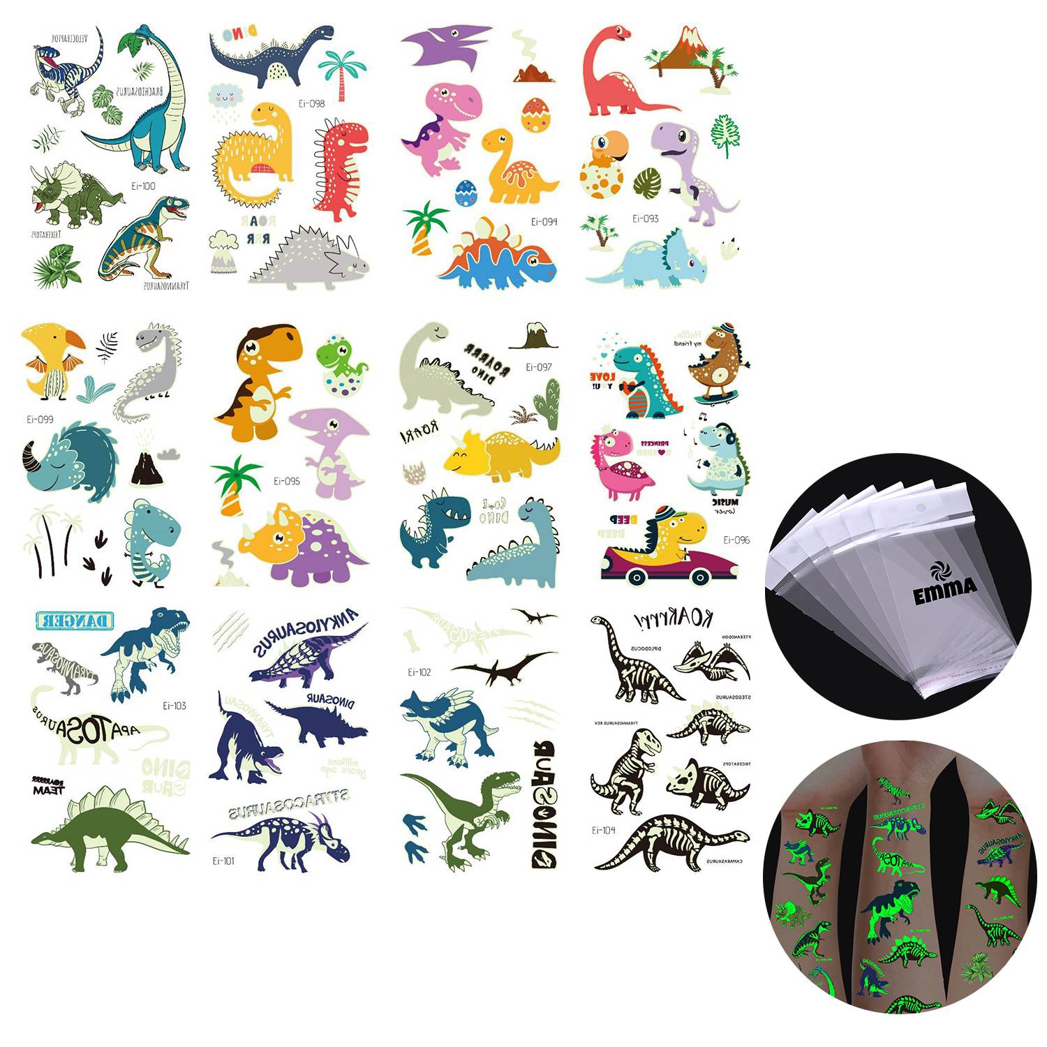 12-Pieces Luminous Dinosaur Tattoos 2