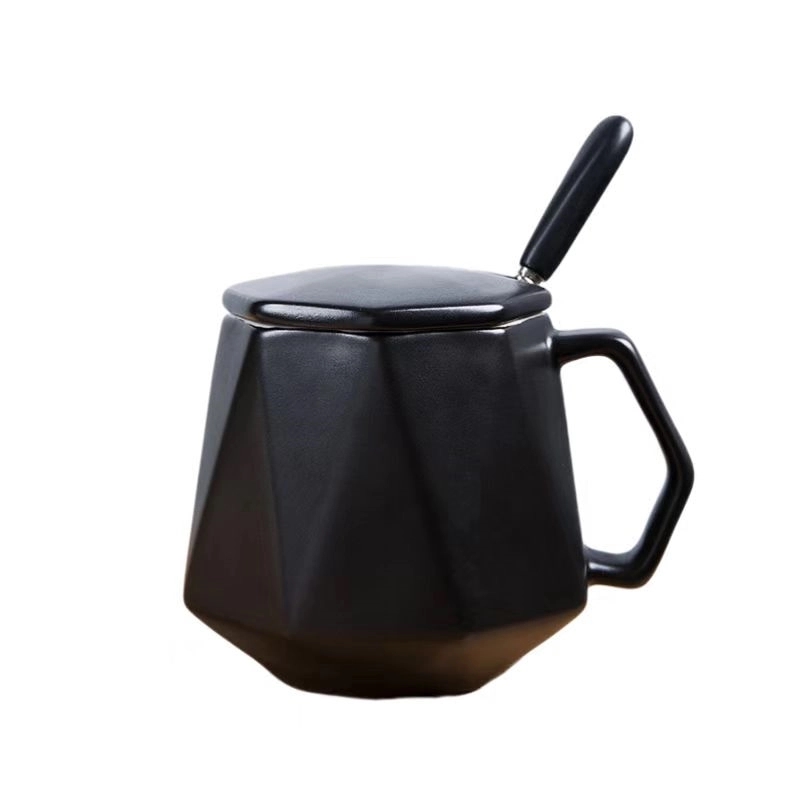 Custom Diamond-shaped ceramic cup with lid spoon 5