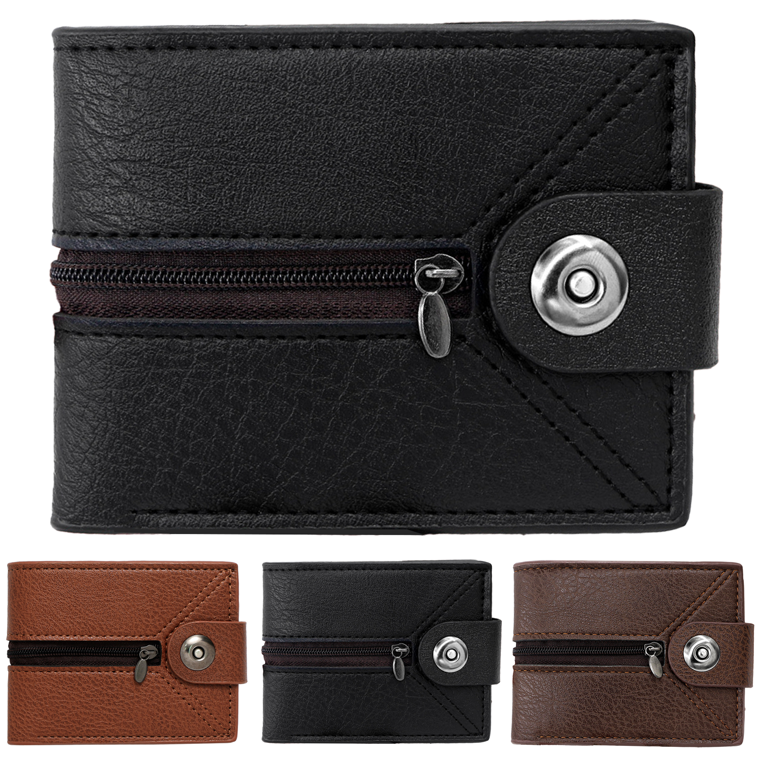 PU Magnetic Buckle Bifold Wallet w/ Zipper 8