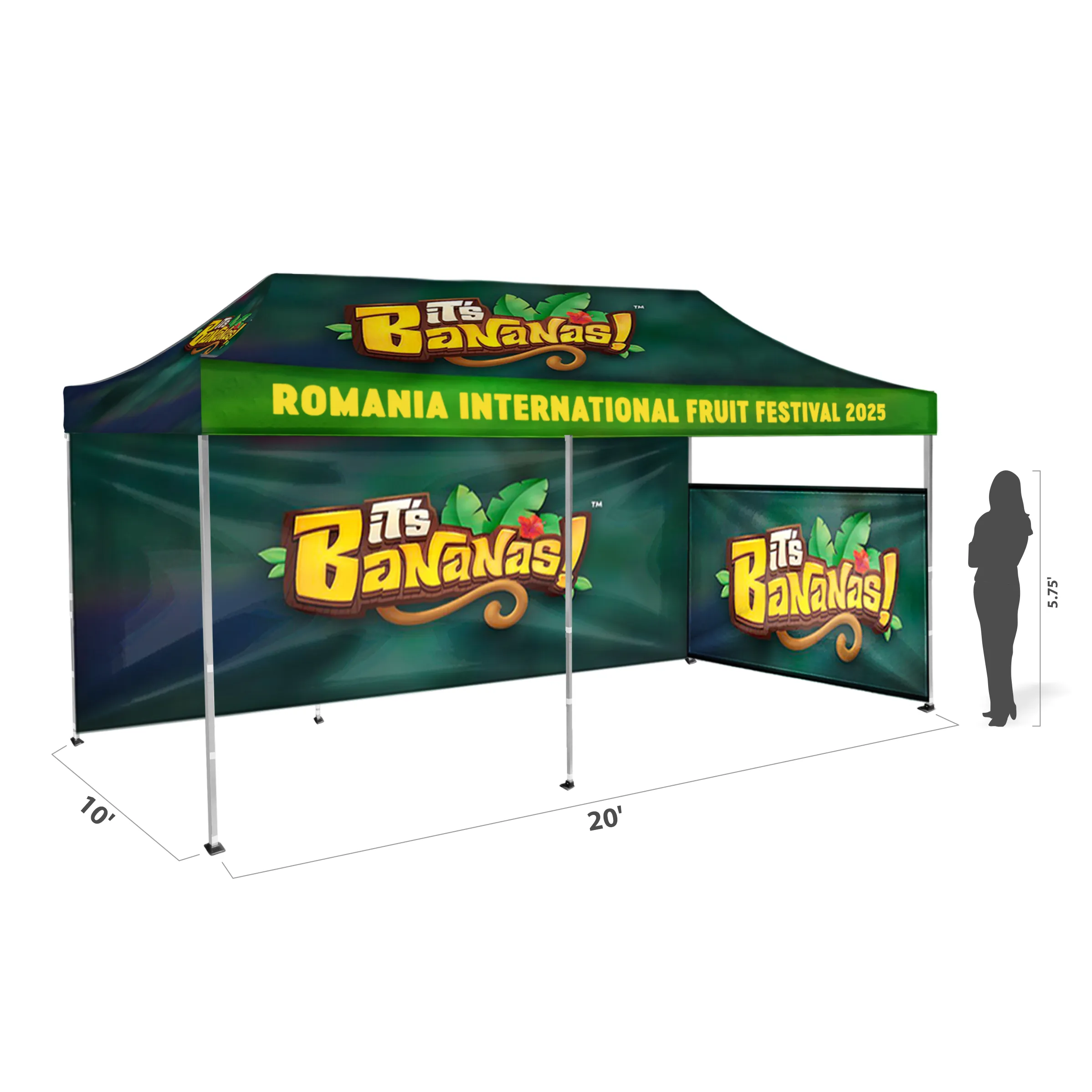 10'x20' Tent Canopy w frame, 1 side half + 1 long full wall 8