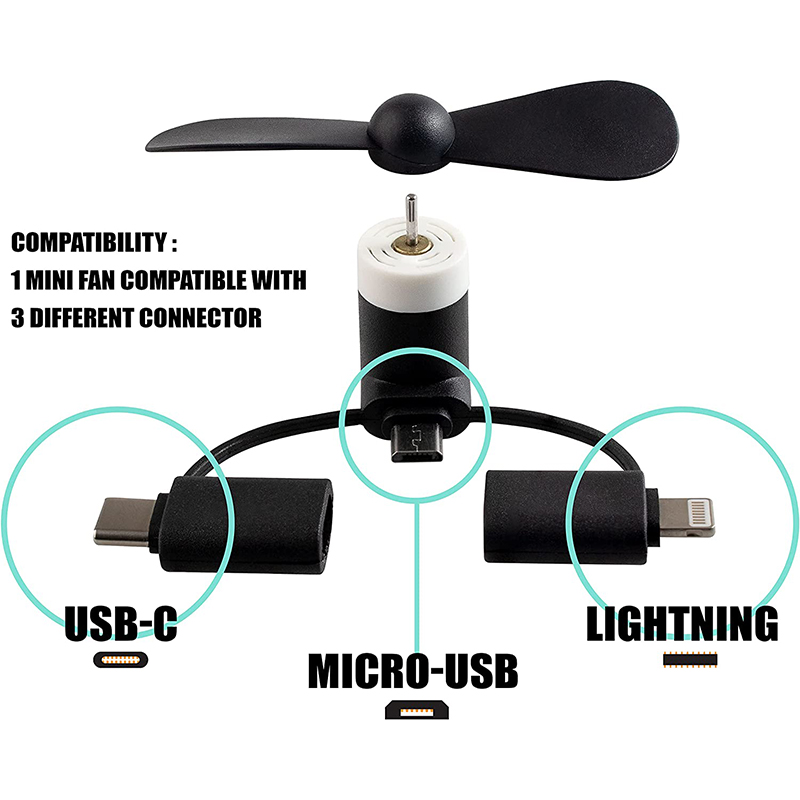 3 in 1 Mini Portable Micro USB/Type C/Lightning Port Phone Fan 8