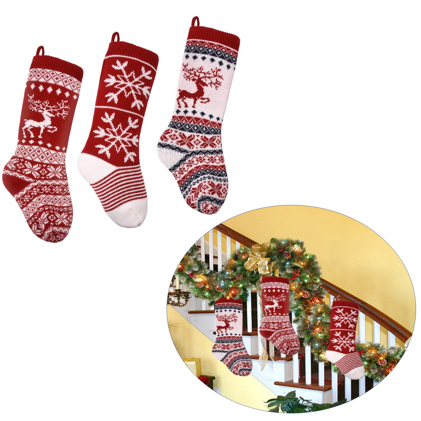 Knit Christmas Stocking, 18" Snowflake and elk Stockings 2