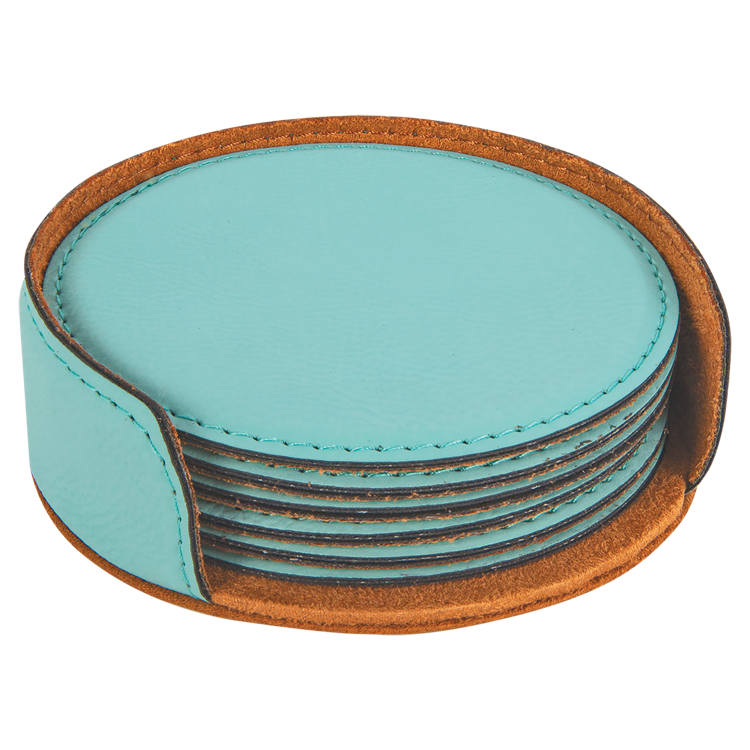 4" Teal Round Leatherette 6-Coaster Set 2