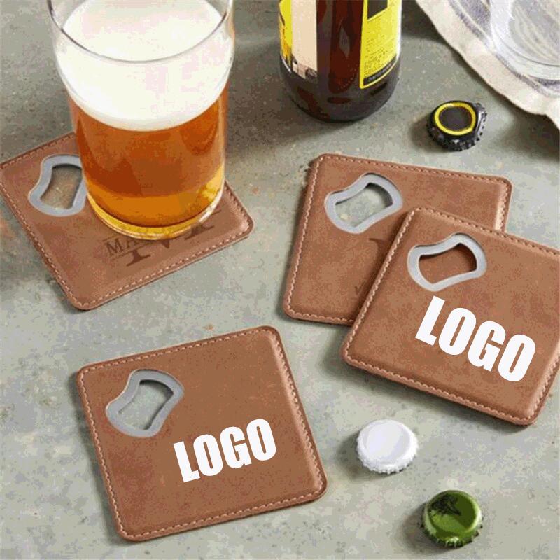Stainless Steel and PU Leather Coaster & Bottle Opener/2 IN 1 Square Leather Coaster Bottle Opener 1