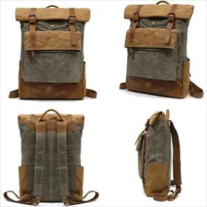 Waxed Canvas Leather Hiking Travel Waterproof Backpack 3