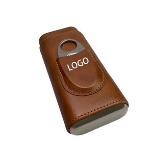 3 Finger Leather Cedar Wood Lined Cigar Case with Cutter 13
