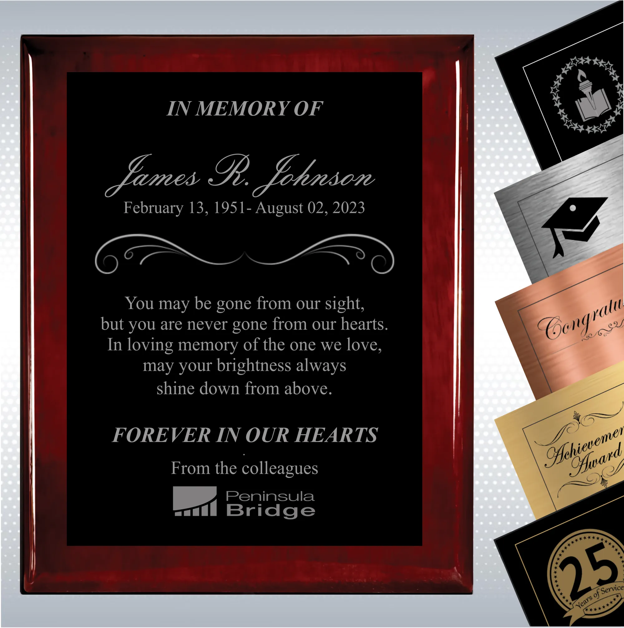 Rosewood Piano Finish Wood Personalized Memorial Plaque Gift 11