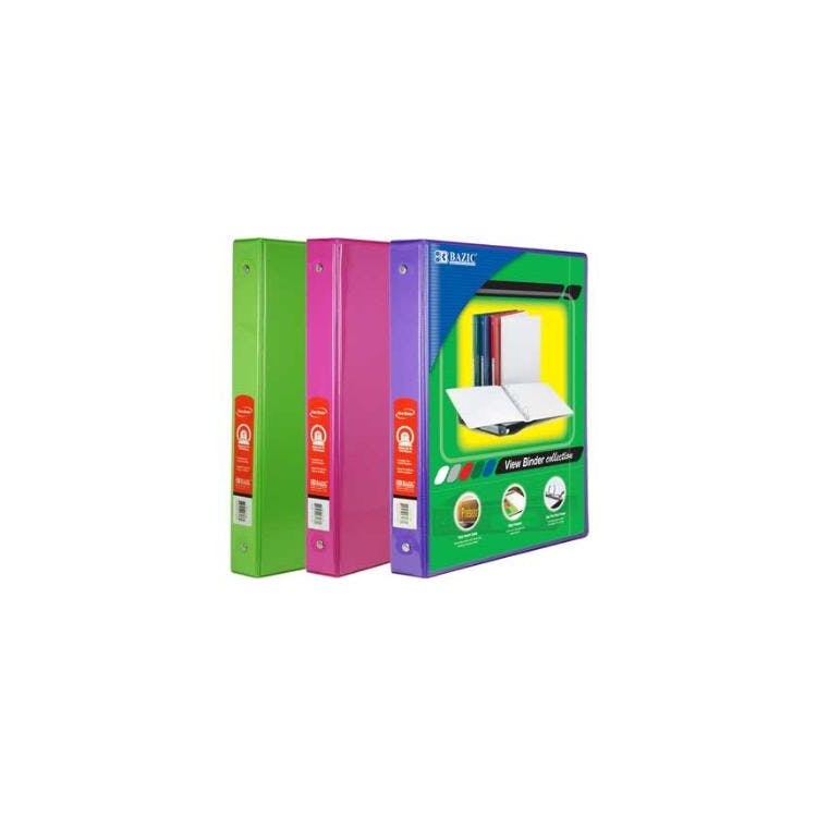 1" 3-Ring View Binders - 3 Neon Colors 2 Pockets PVC 1