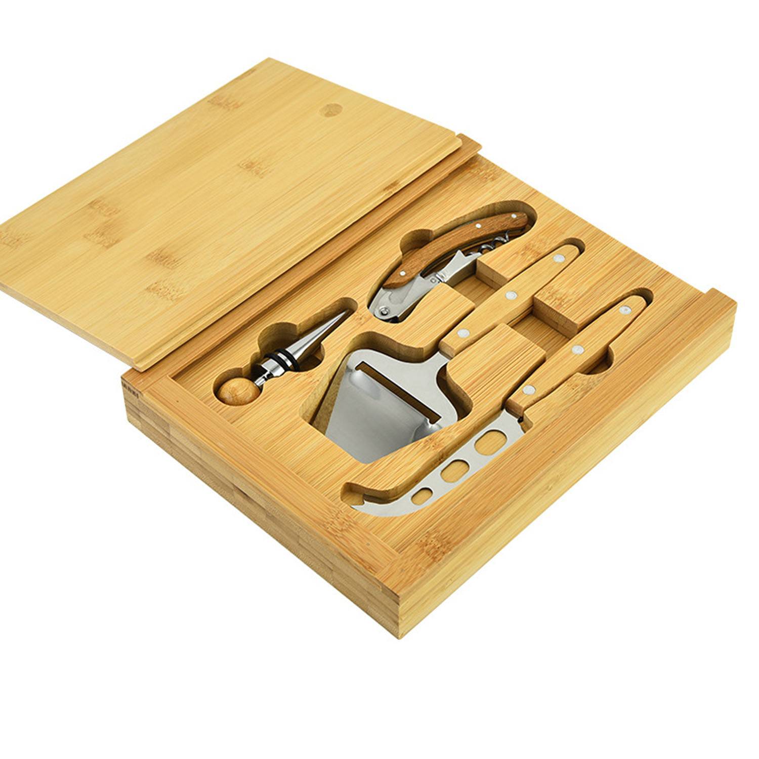 5PCS Bamboo Cheese Knife Spatula Wine Stopper Set w/ Box 4