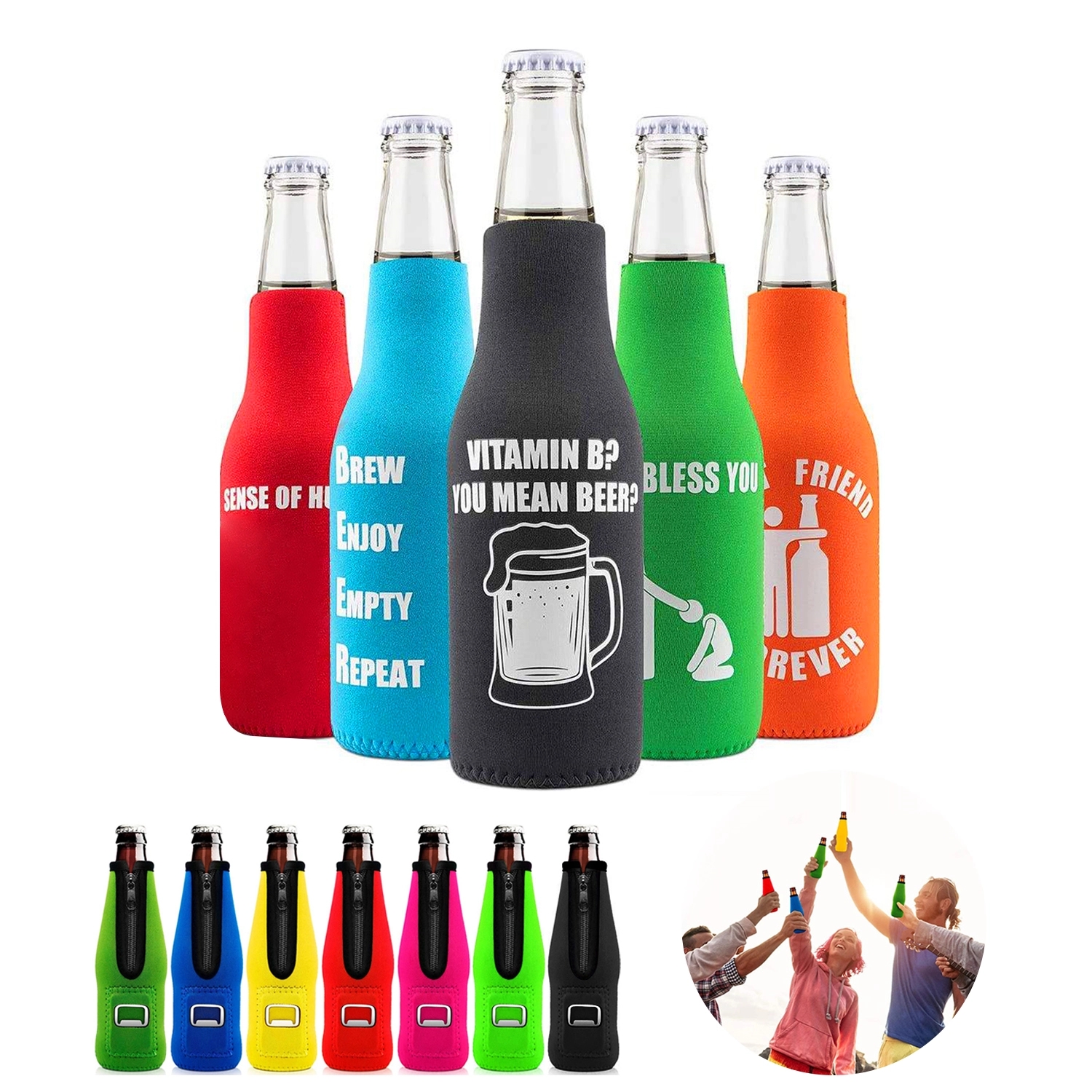 Neoprene Bottle Zipper Cooler Sleeve w/ Opener, custom can cooler with logo imprint 2