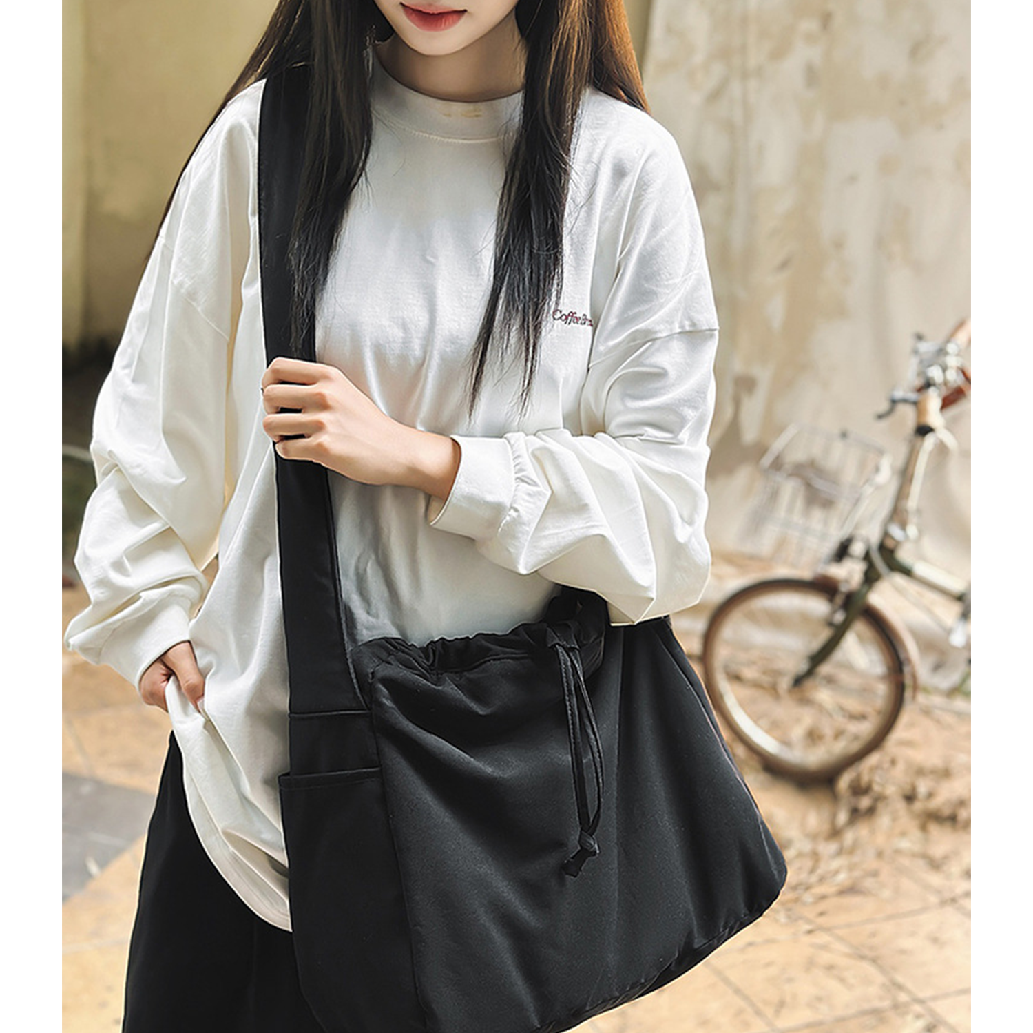 Water Resistant Nylon Drawstring Crossbody Tote Bag 6
