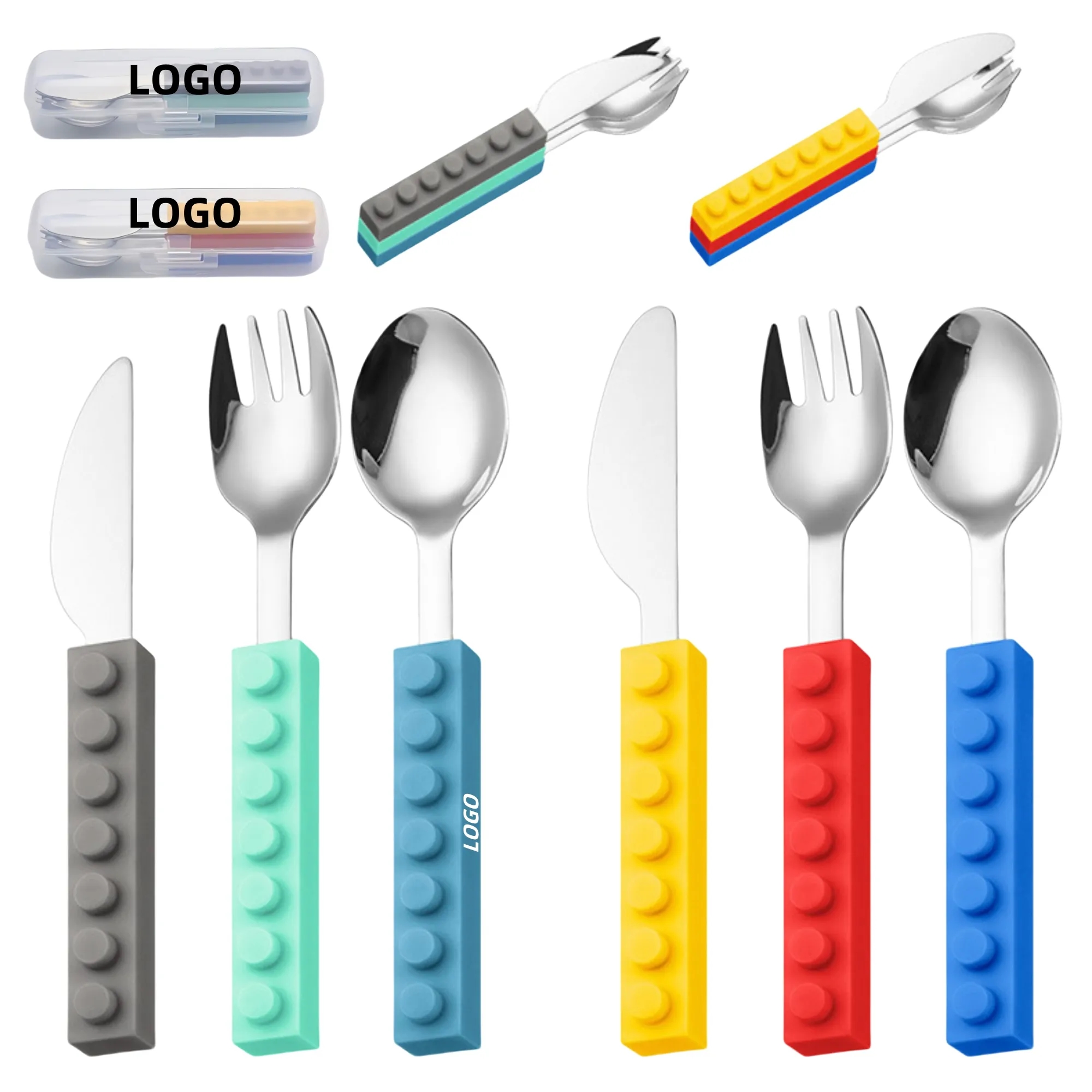 3 Piece Building Blocks Silicone Handle Kids' Tableware Set 2