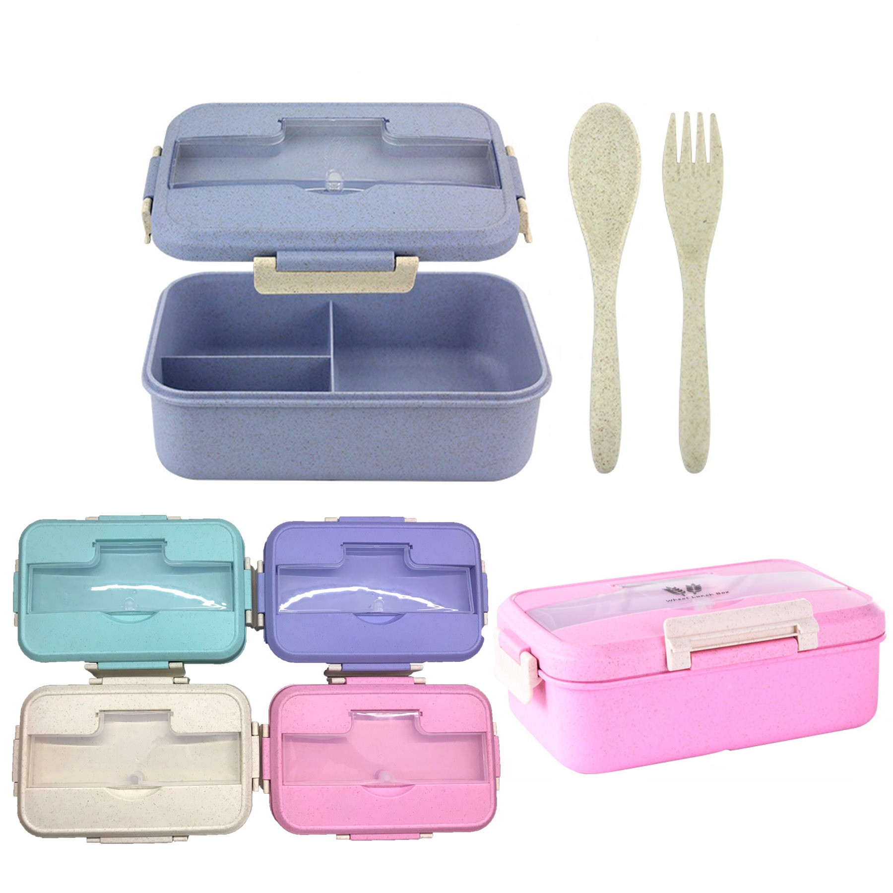 Wheat Straw Plastic Three Compartment Microwave Heating Insulation Bento Box With Spoon Fork 1