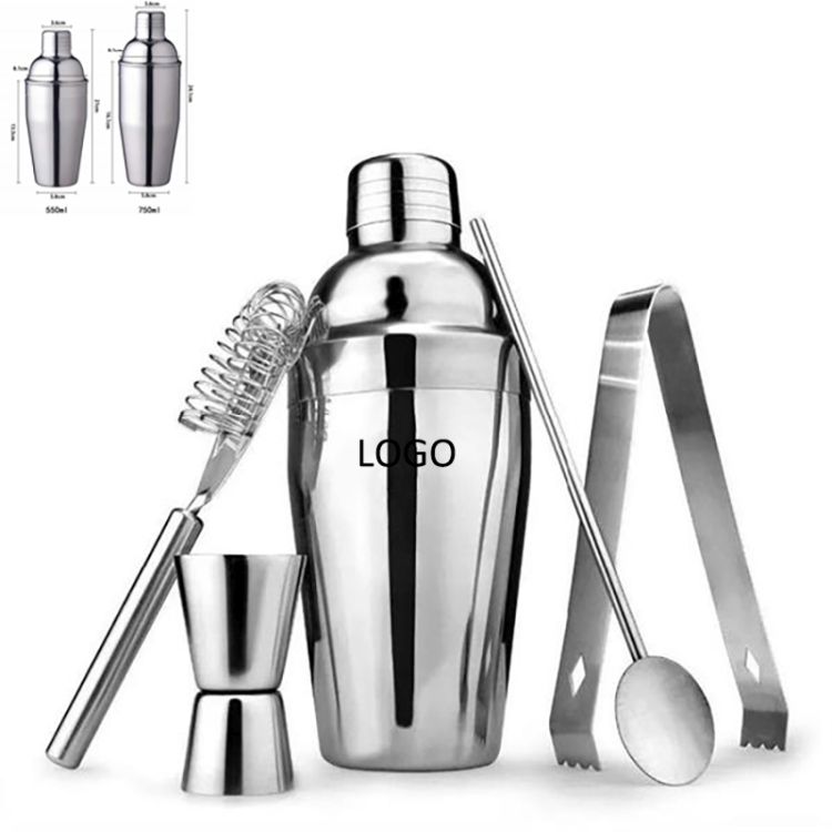 5 PCS Cocktail Shaker Set Stainless Steel, custom bottle opener with logo imprint 1