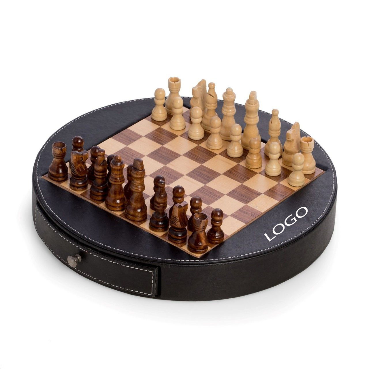 Deluxe Chess Set in Wood with Black Leather Wrapped Around the inlaid Playing Board with Drawer for 1
