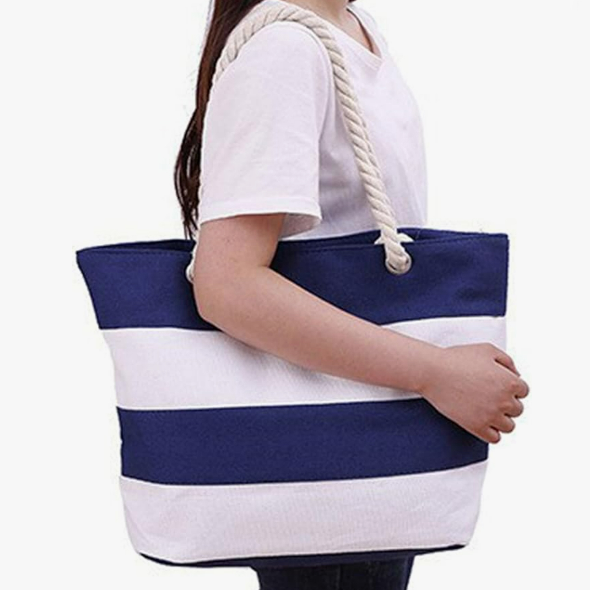 Striped Canvas Beach Tote Bag with Rope Handles 2