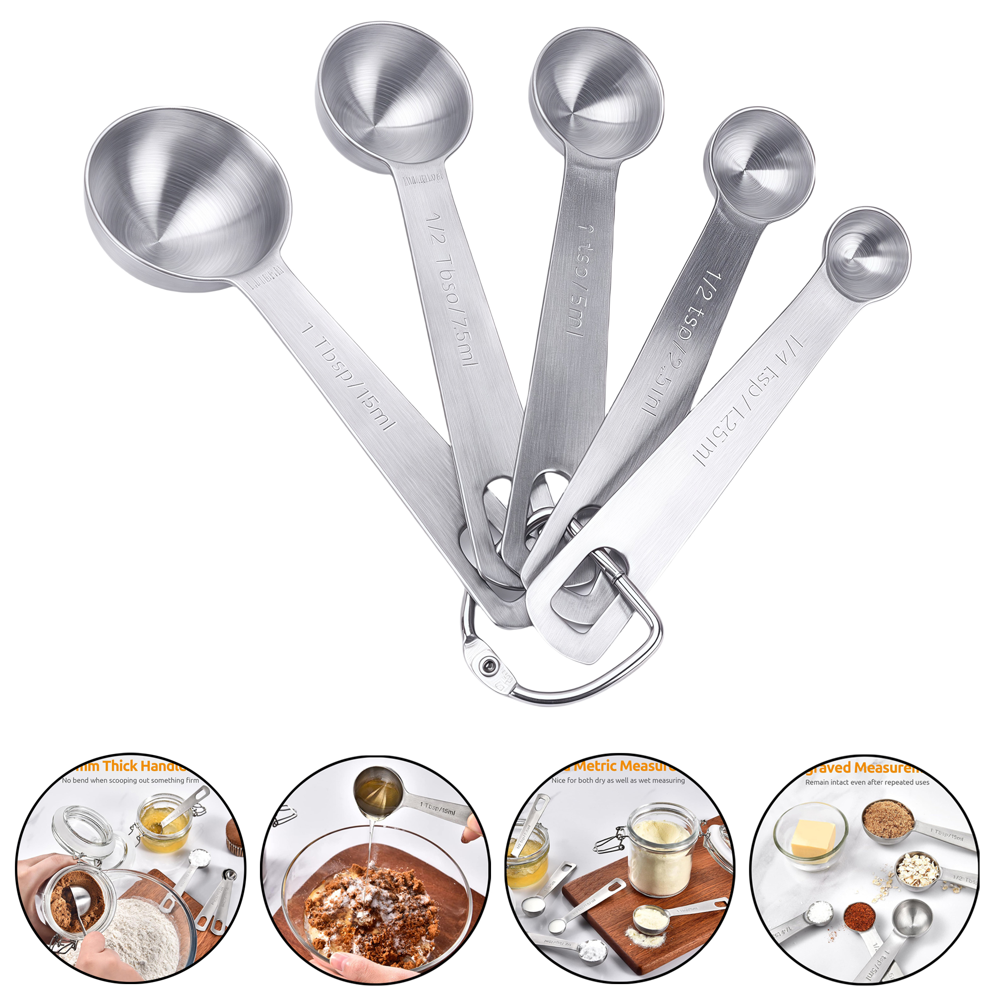 5-Piece Stainless Steel Measuring Spoon and Cup Set for Kitchen Baking Cooking with Scale and Clip 2