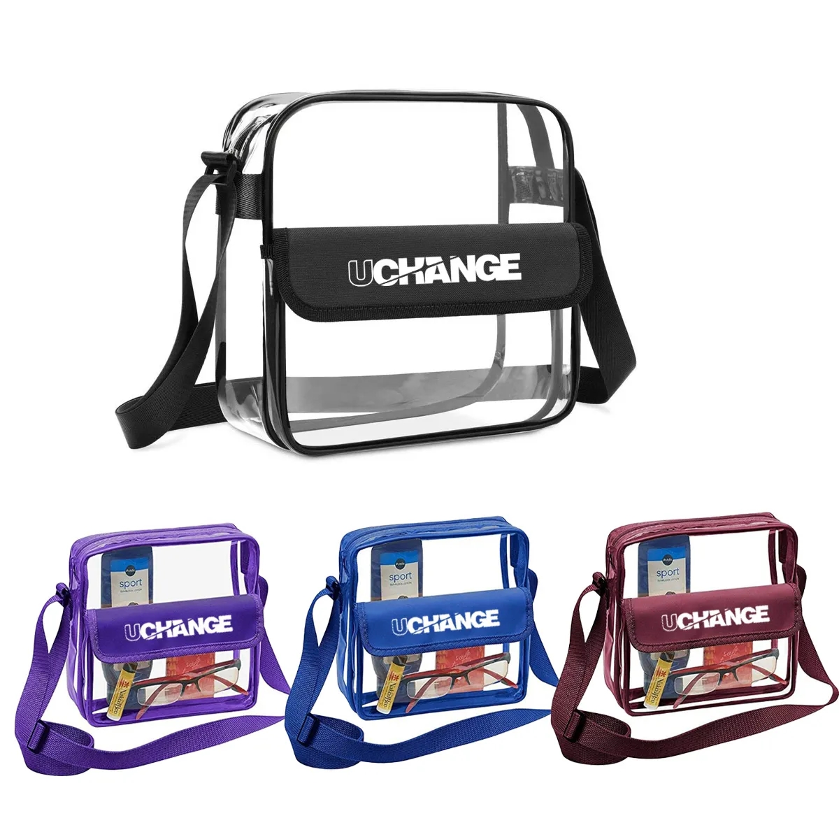 8L Clear PVC Shoulder Bag W/ Flap Closure Adjustable Strap 7