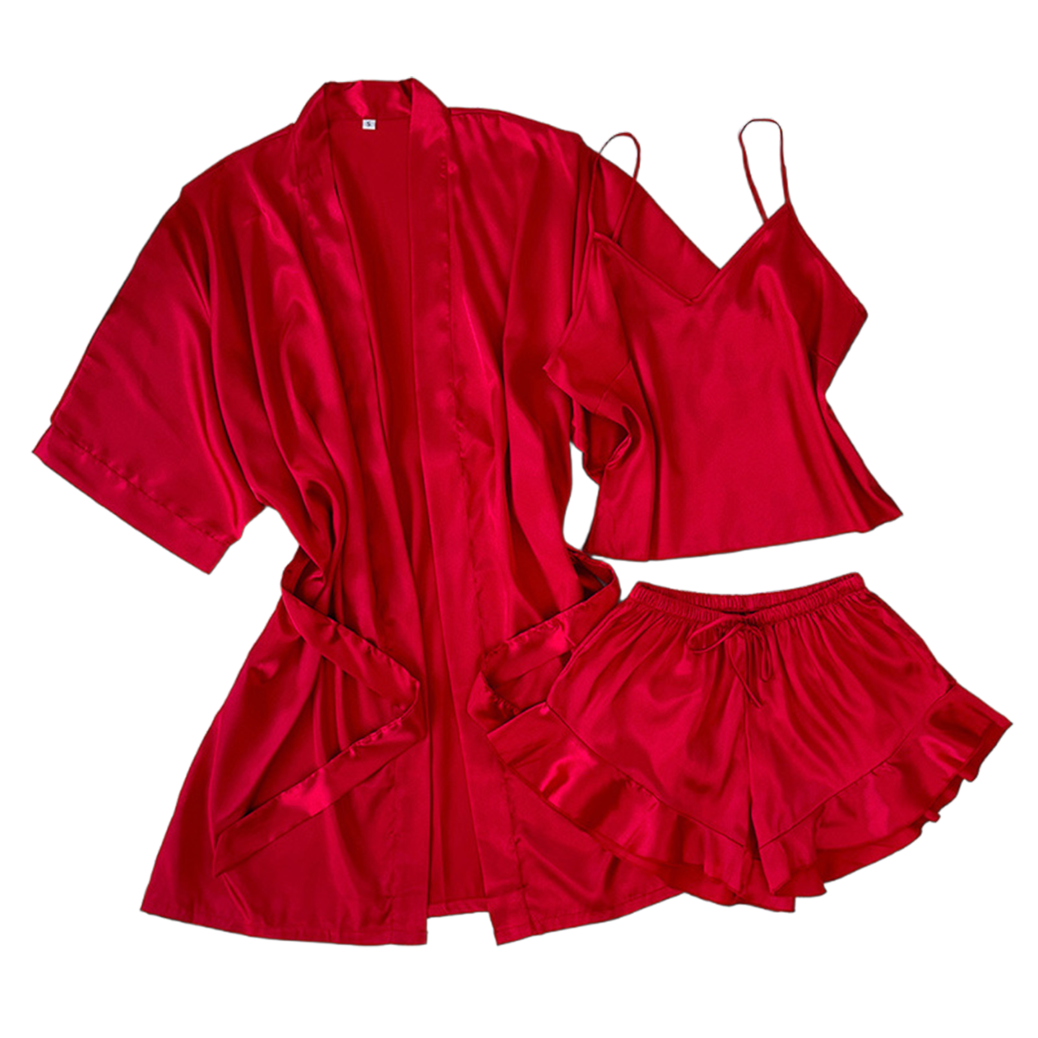 3 Piece Women Solid Color Sexy Silk Pajamas Set 4