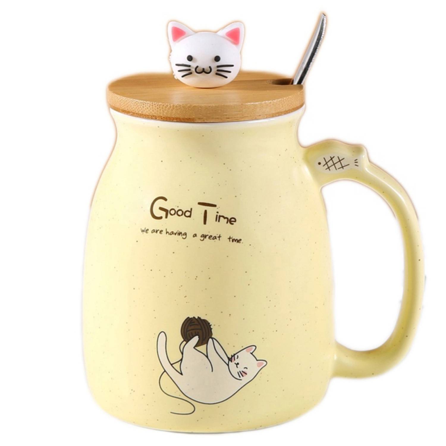 15oz Wooden Lid Cat Ceramic Mug w/ Spoon 6
