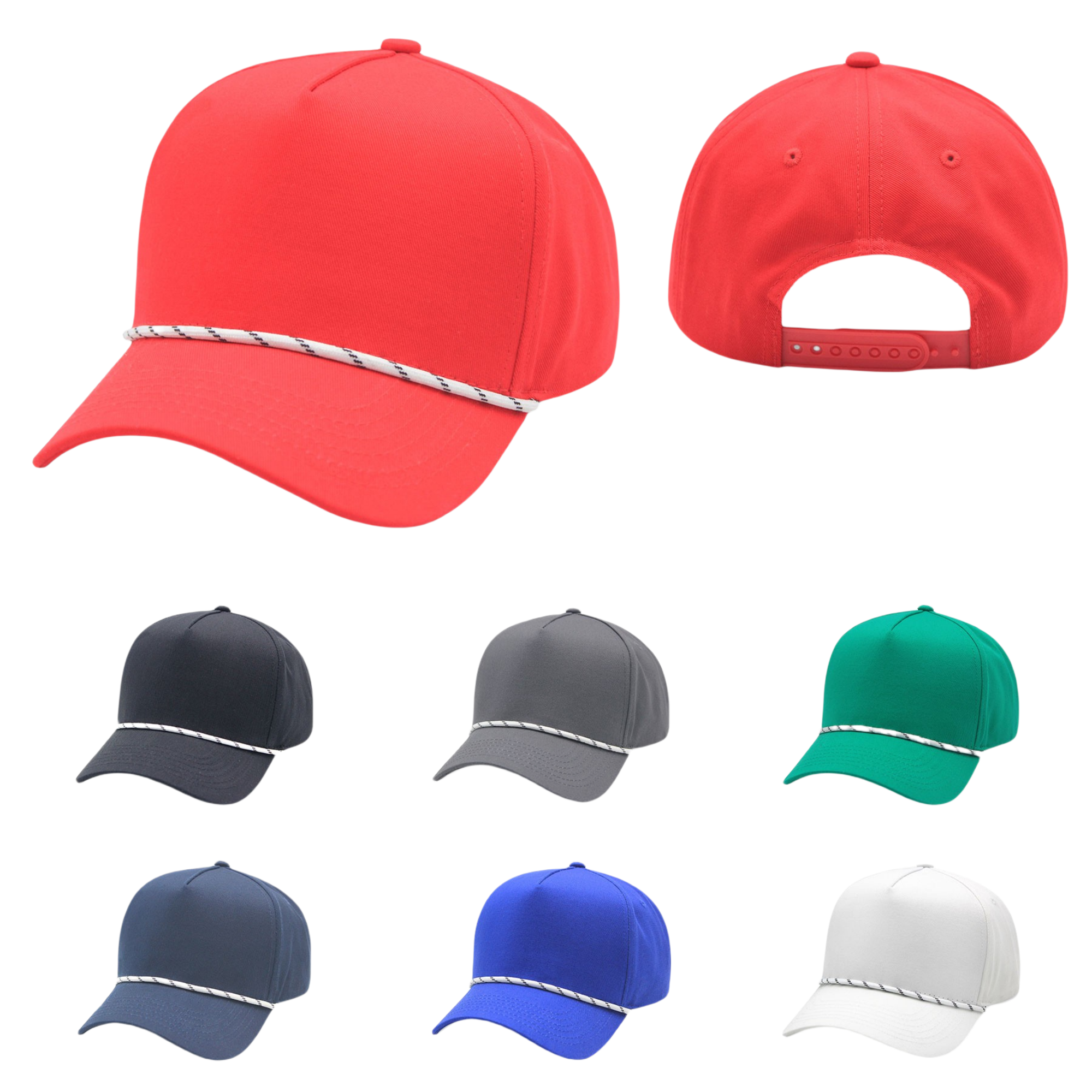 5 Panel High Profile Curved Visor Baseball Cap w/Rope 2