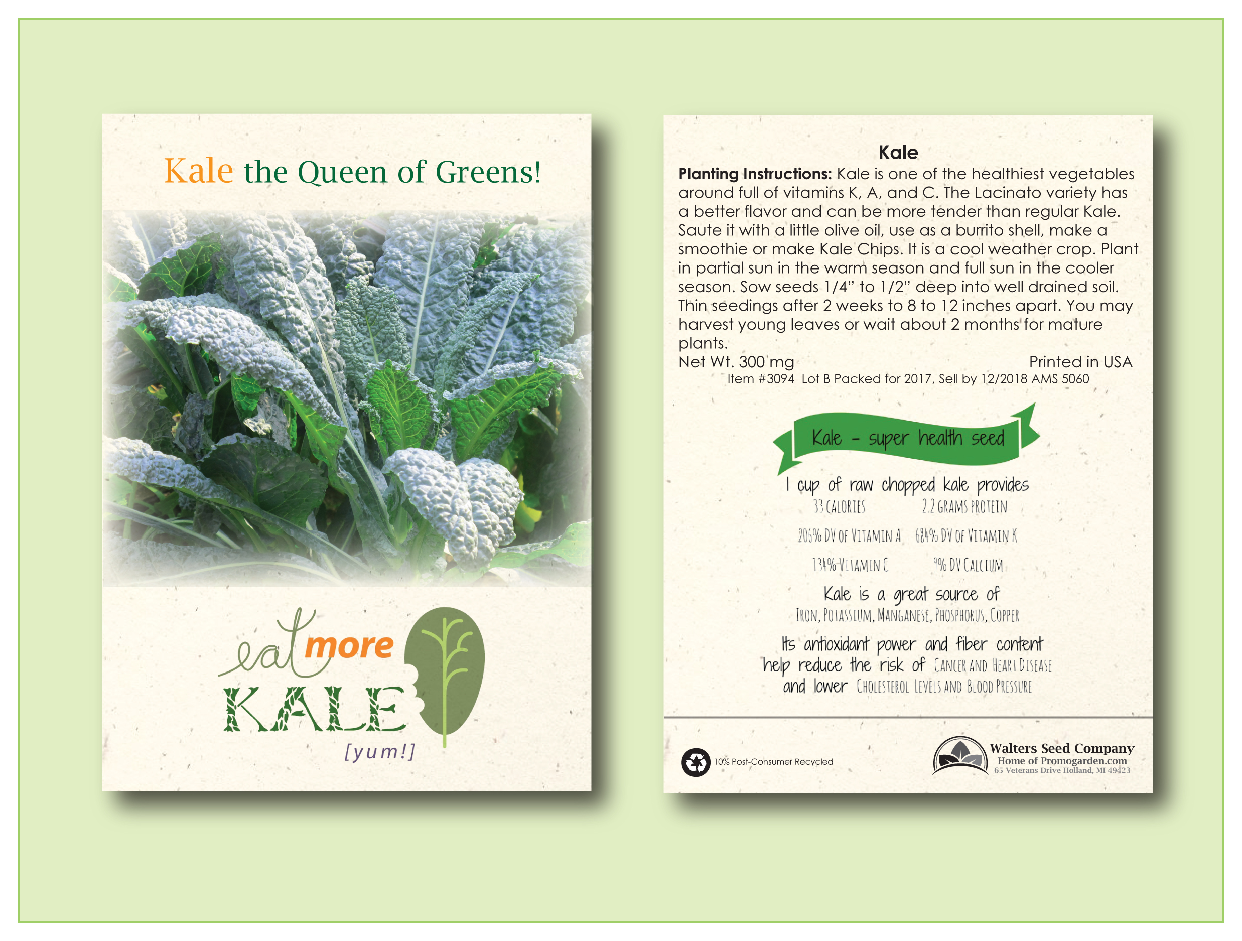 Kale 'Lacinato' Seed Packet - Size 3.25" x 4.5" 2