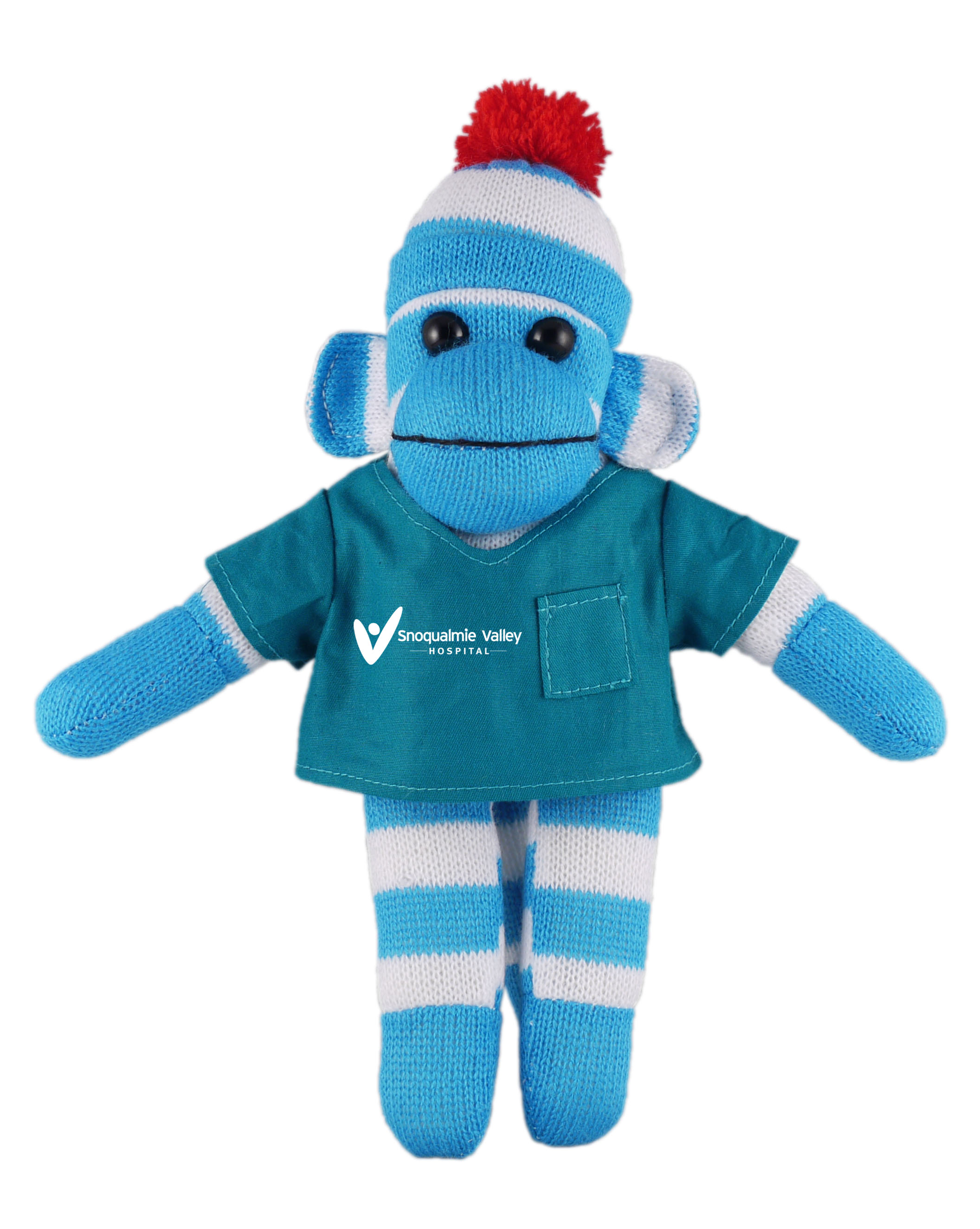 Blue Sock Monkey (Plush) in scrub shirt 2