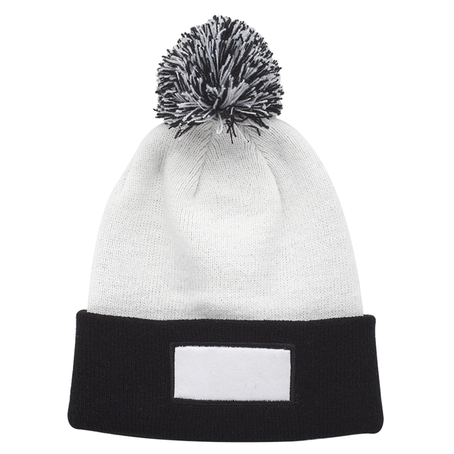 Cuffed Two-Tone Pompom Knit Hat with Patch 3