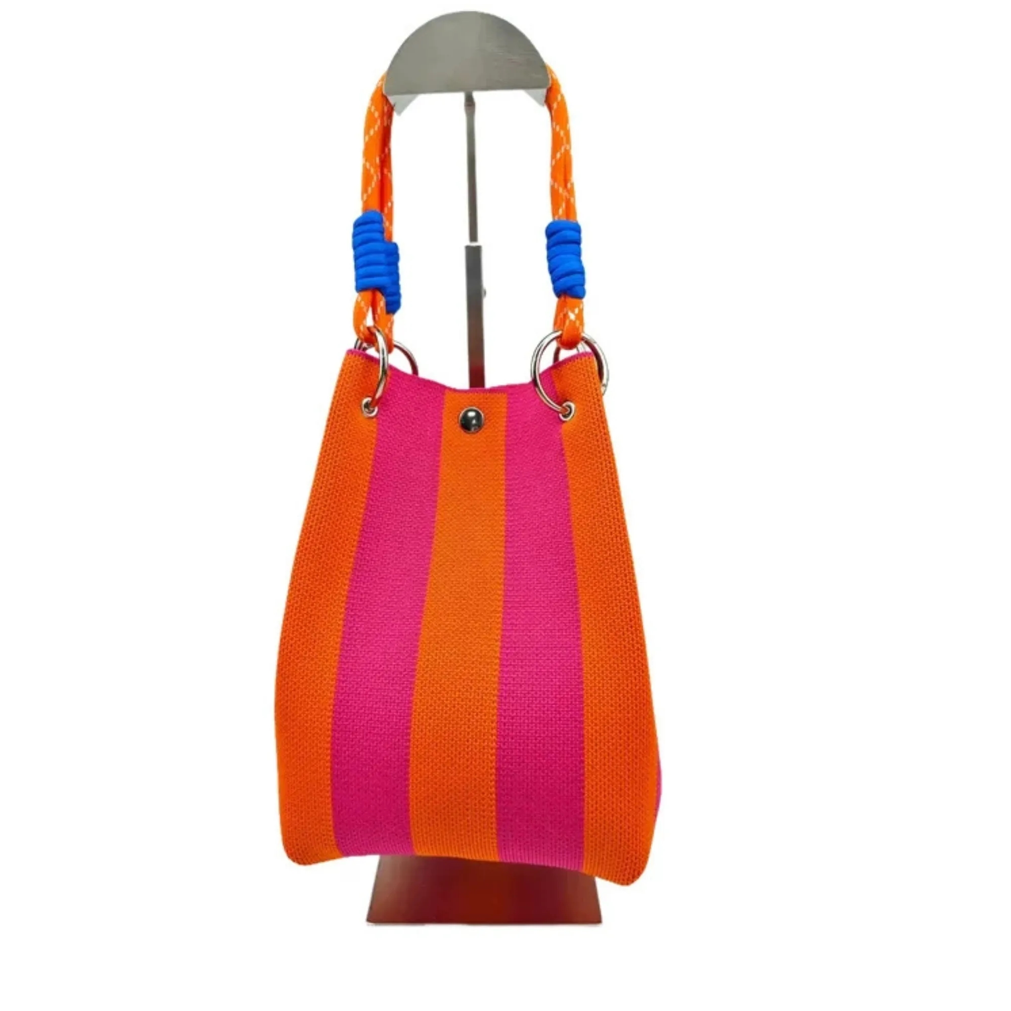 Striped Knitted Woven Tote Bag Bucket Handbag 4