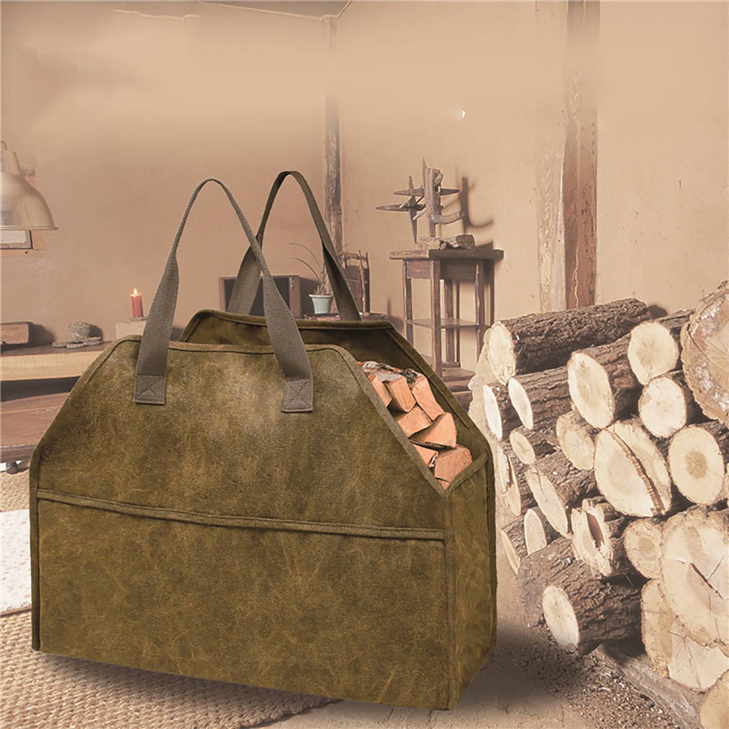 Canvas Firewood Log Carrier Storage Bag with Handles 3