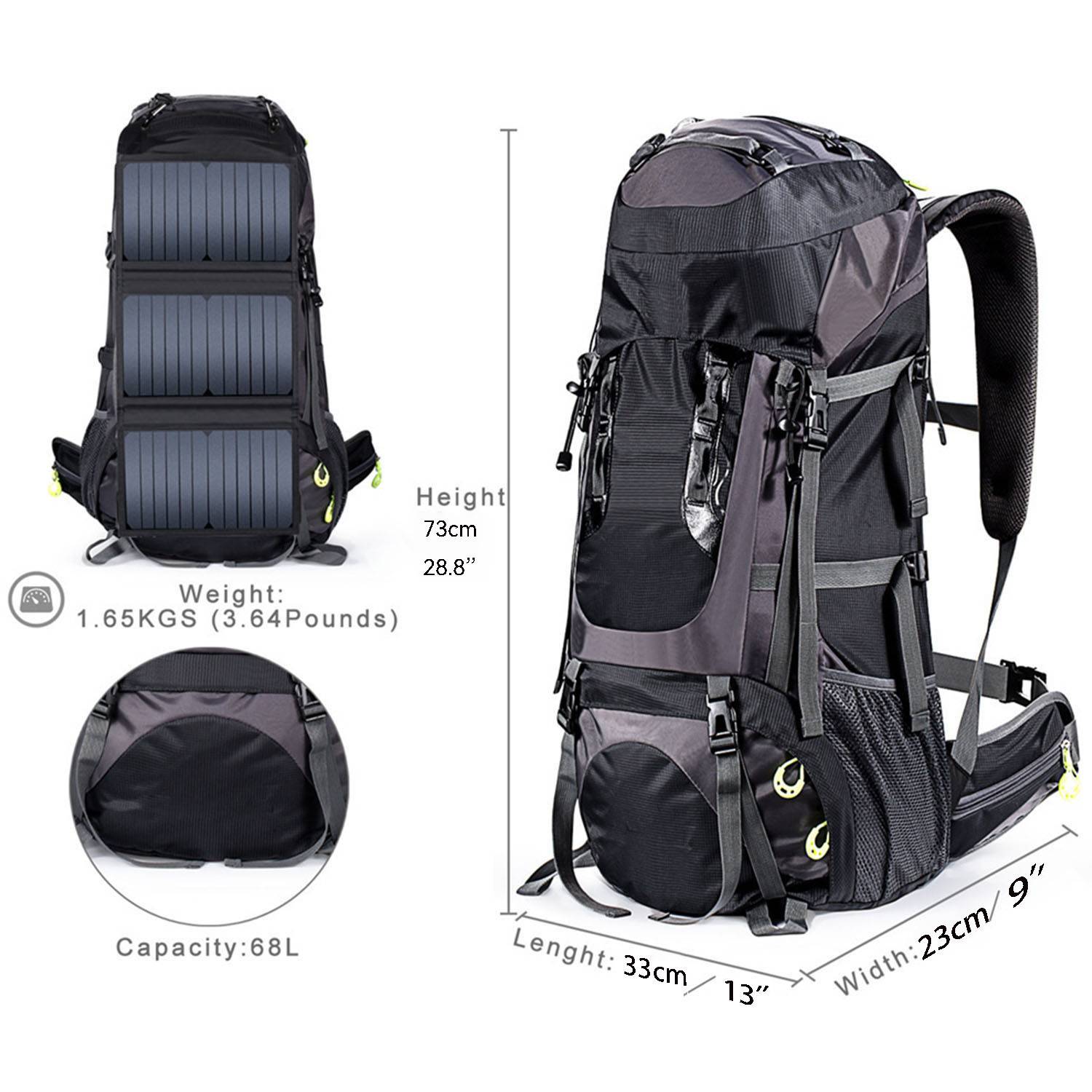68L Outdoor Hiking Backpack with Solar Charger Panel 20w/6v 3