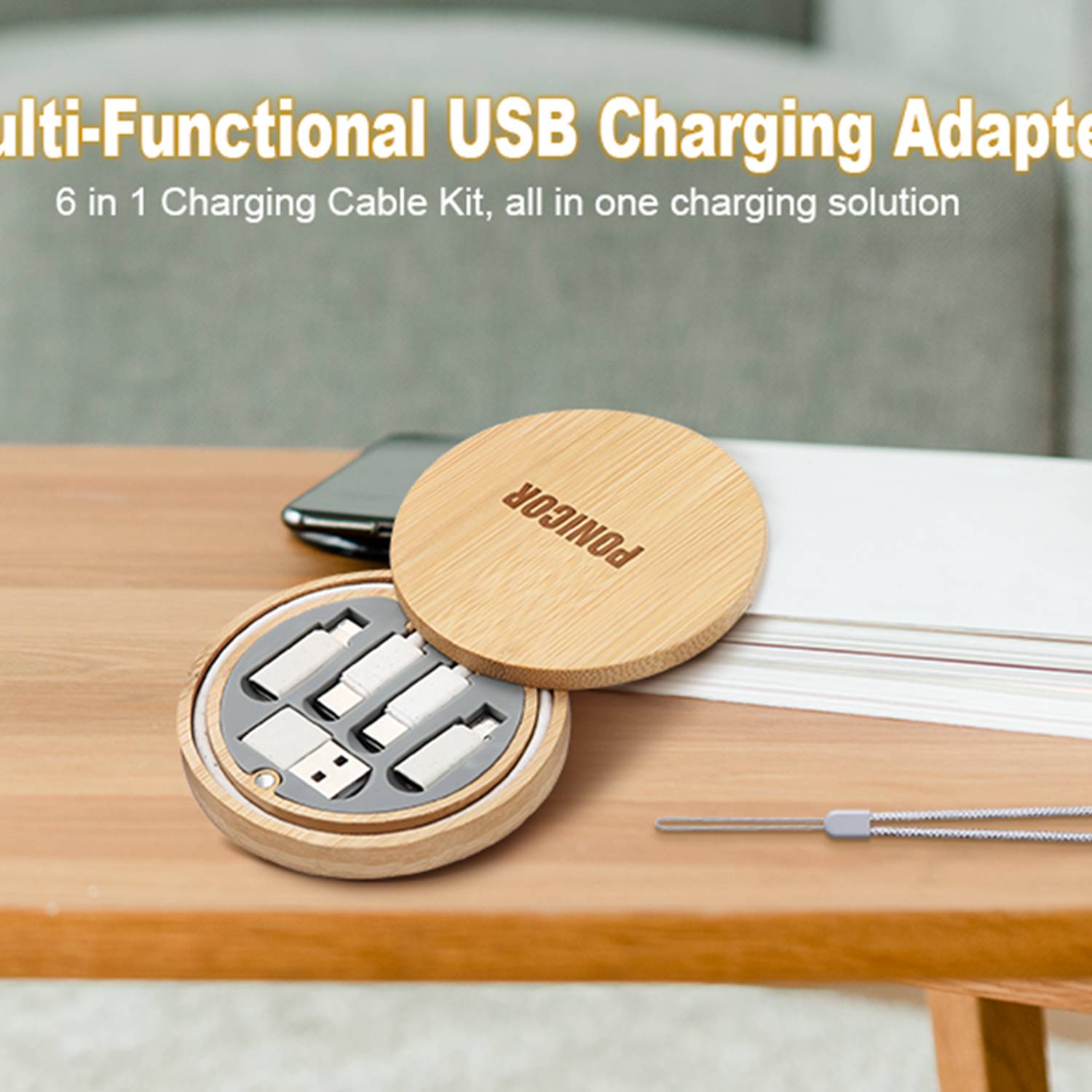 Bamboo Storage Box with Fast Charging Cable Kit 9