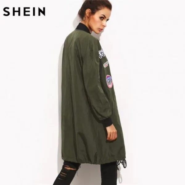 Army Green Mesh Long Casual Jacket with PU Leather Patch 2