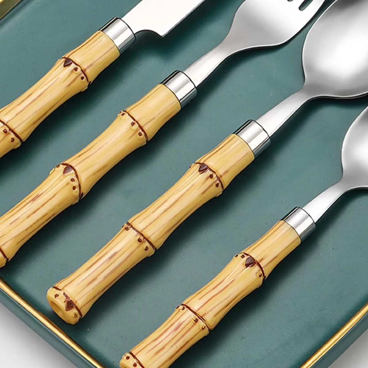 4 Piece Bamboo Stainless Steel Cutlery Gold Flatware Sets 10