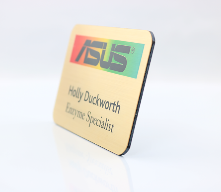 The Zeus full color metallic plastic name badge 1.5"x3" 2