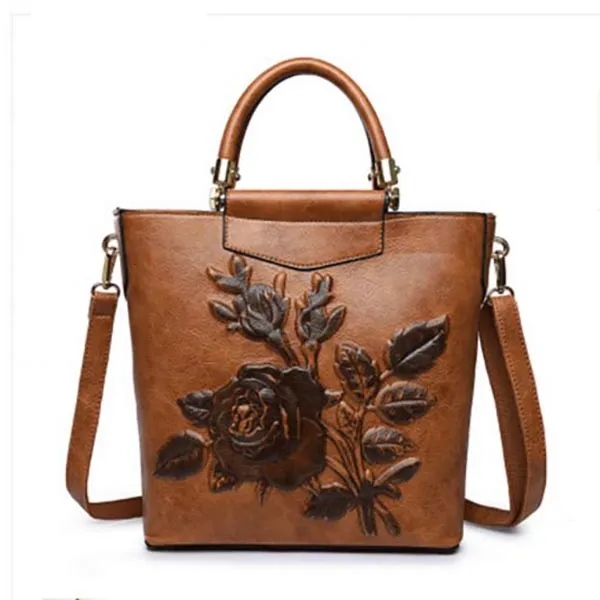 Embossed Floral Leather Handbag 2