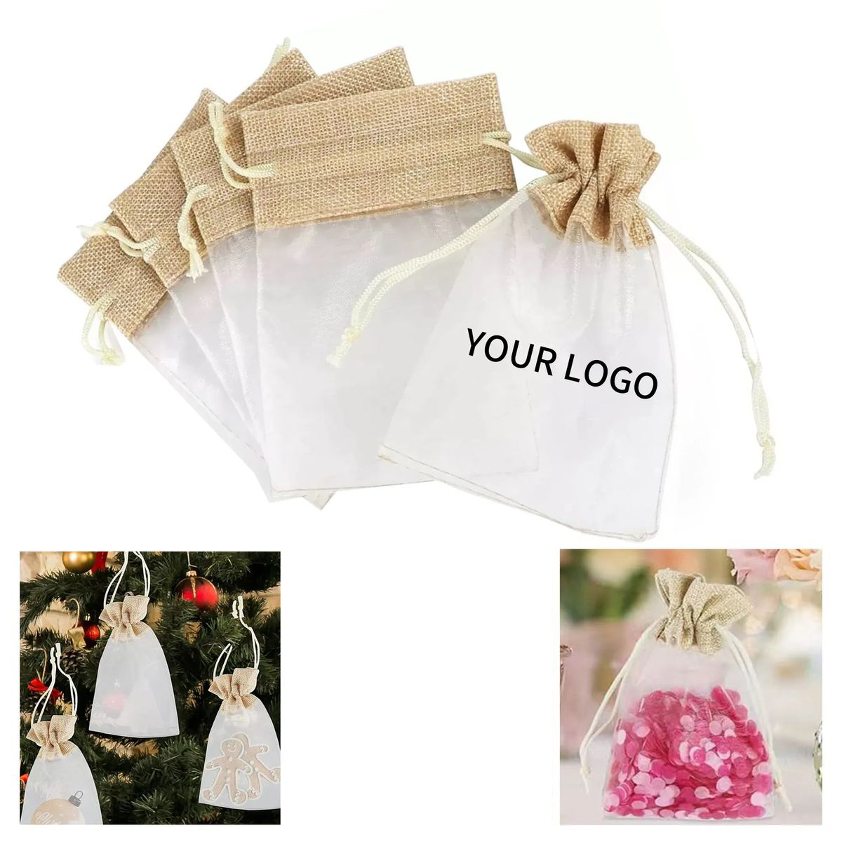 Elegant Linen and Organza Drawstring Pouches 1