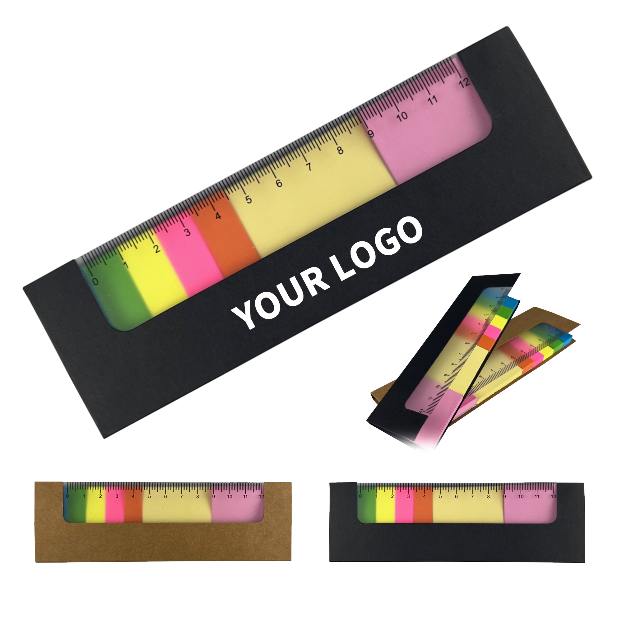 Kraft Cover Ruler Sticky Note Pad With Seven Color Tabs 6.2" X 1.9" 3