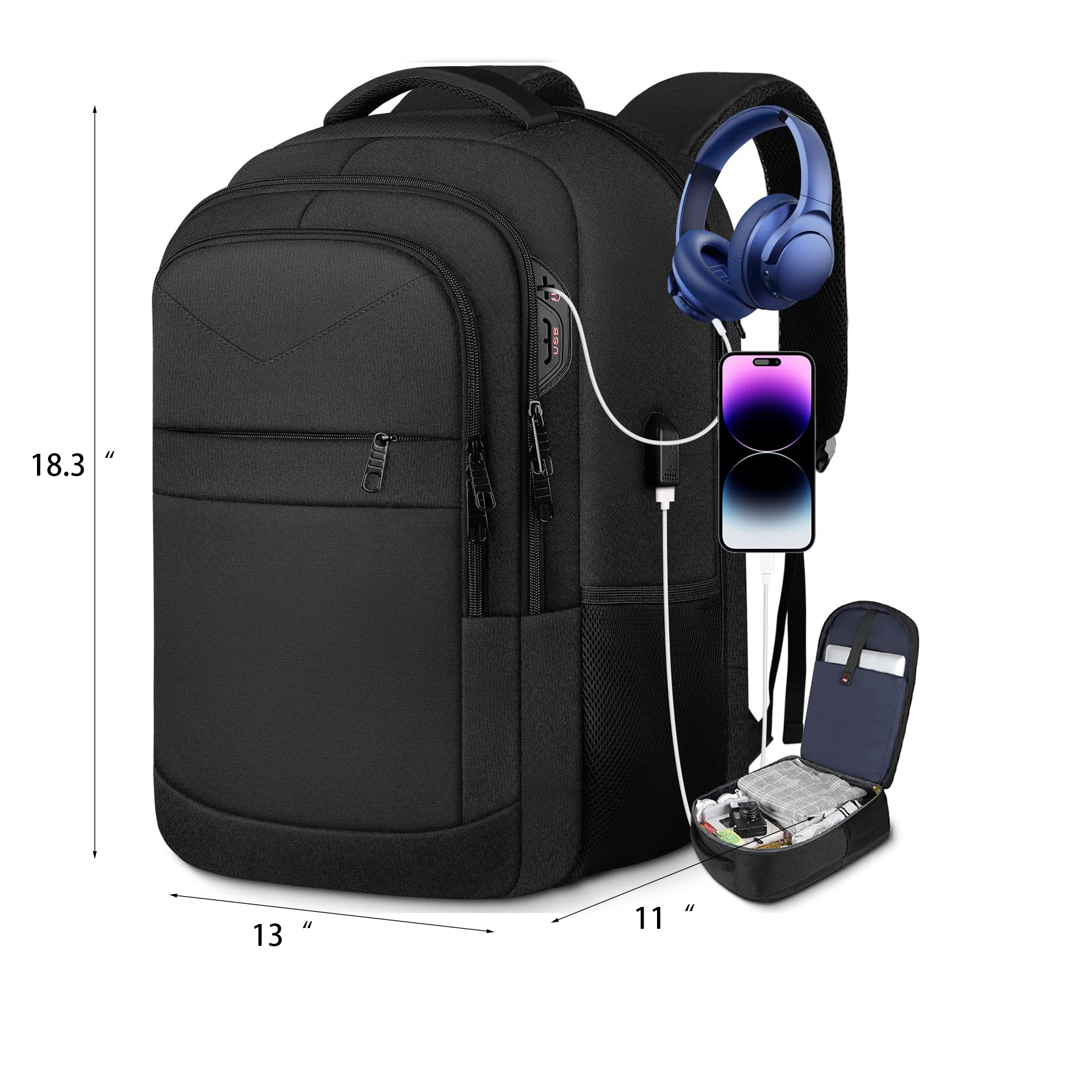 Large Waterproof Laptop Backpack With USB 3