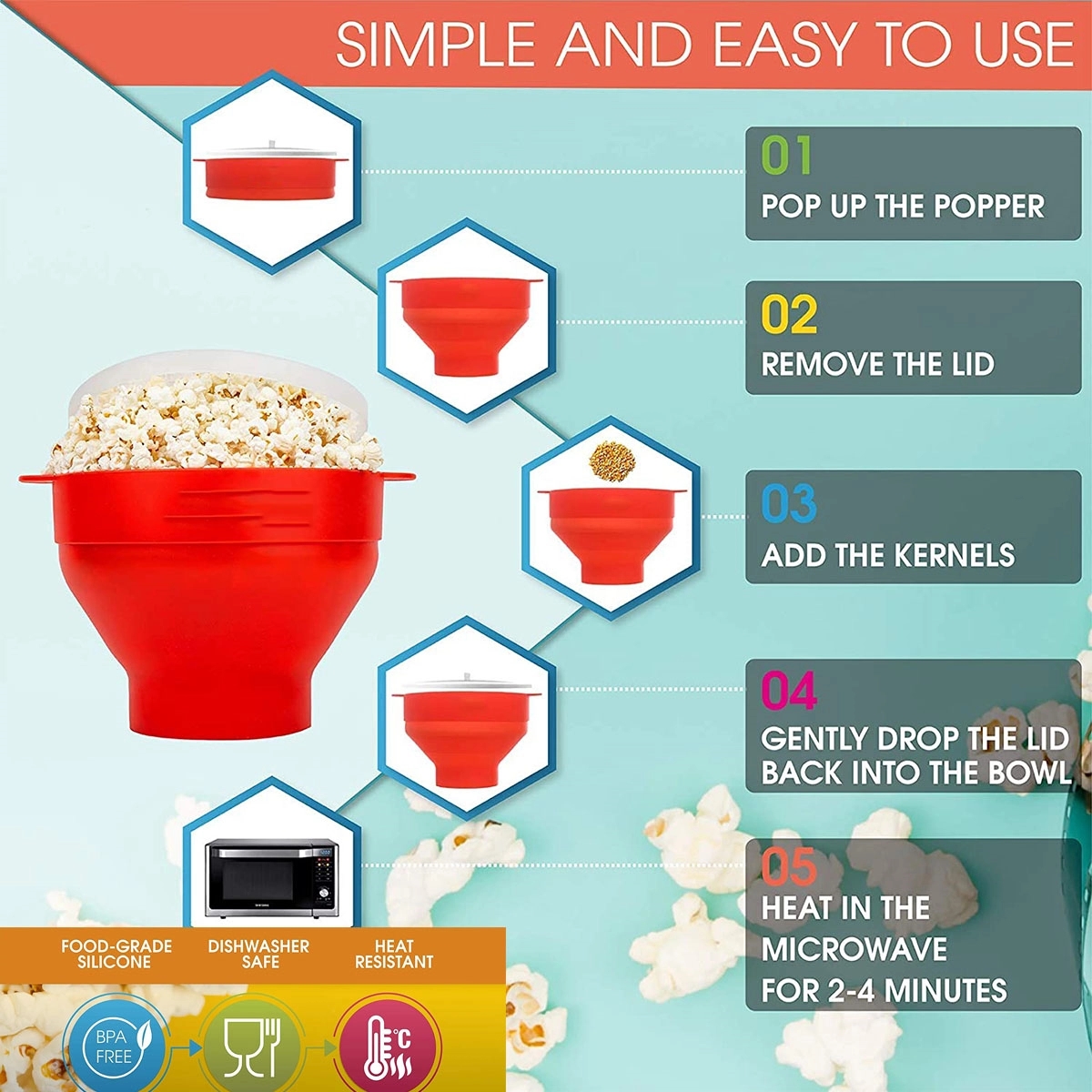 Collapsible Silicone Microwave Hot Air Popcorn Popper Bowl 3