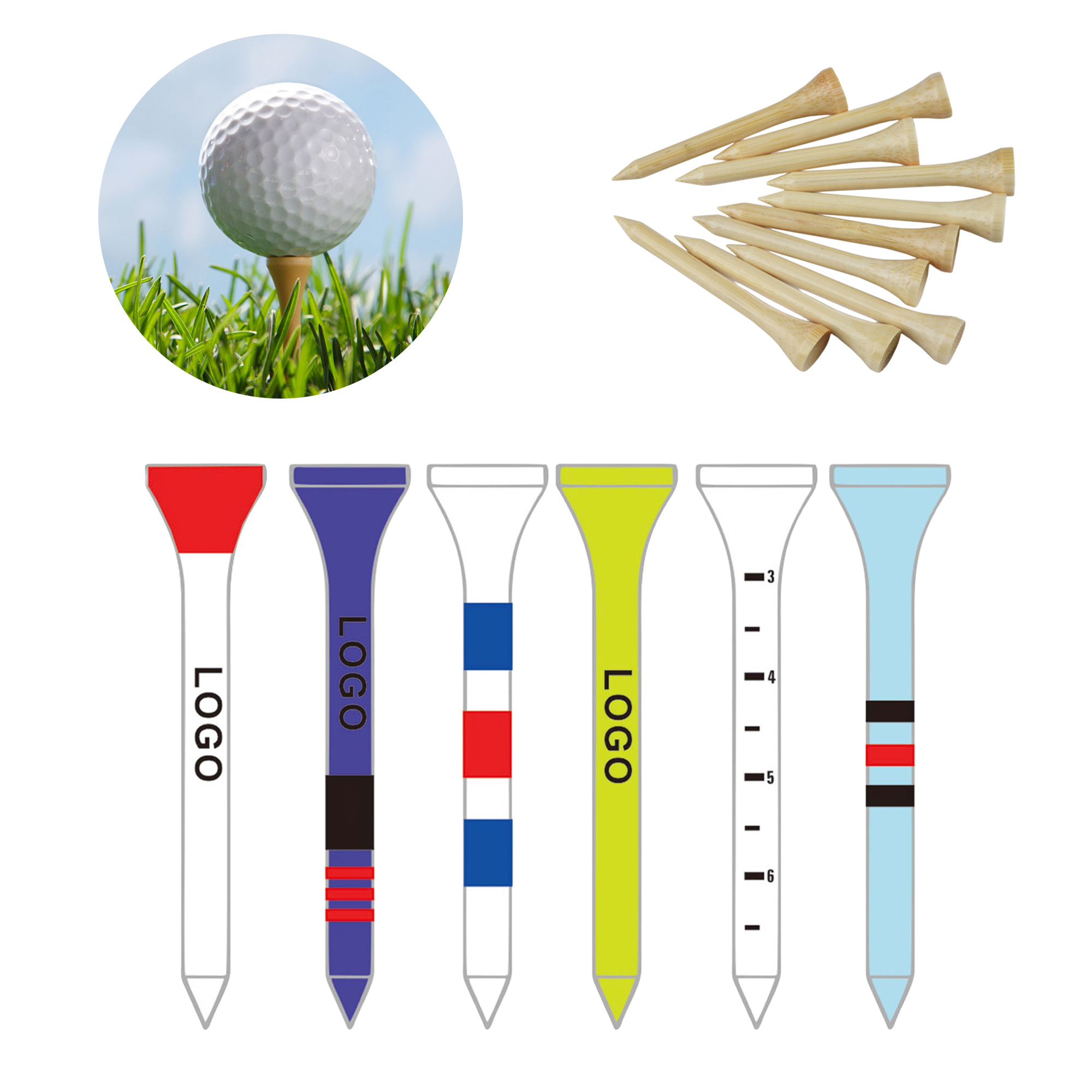 Colorful Golf Tees in Wooden Finish Size 3.3" x 0.25" 2